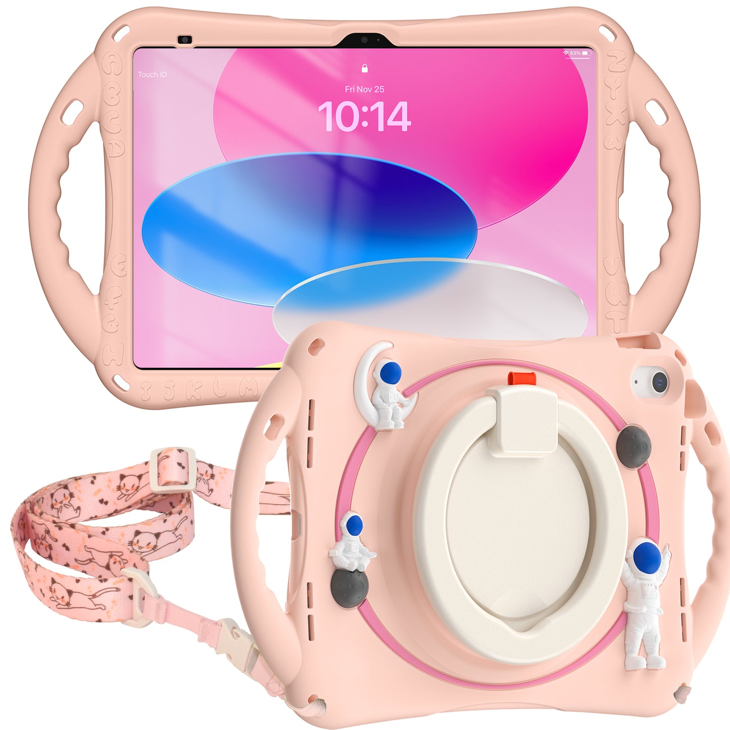 For iPad 10.9 (2022) Astronaut Tablet Case Rotating Kickstand Handle PC+Silicone Protective Cover with Pencil Holder