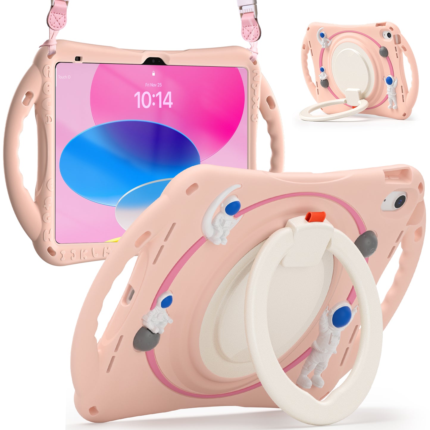For iPad 10.9 (2022) Astronaut Tablet Case Rotating Kickstand Handle PC+Silicone Protective Cover with Pencil Holder