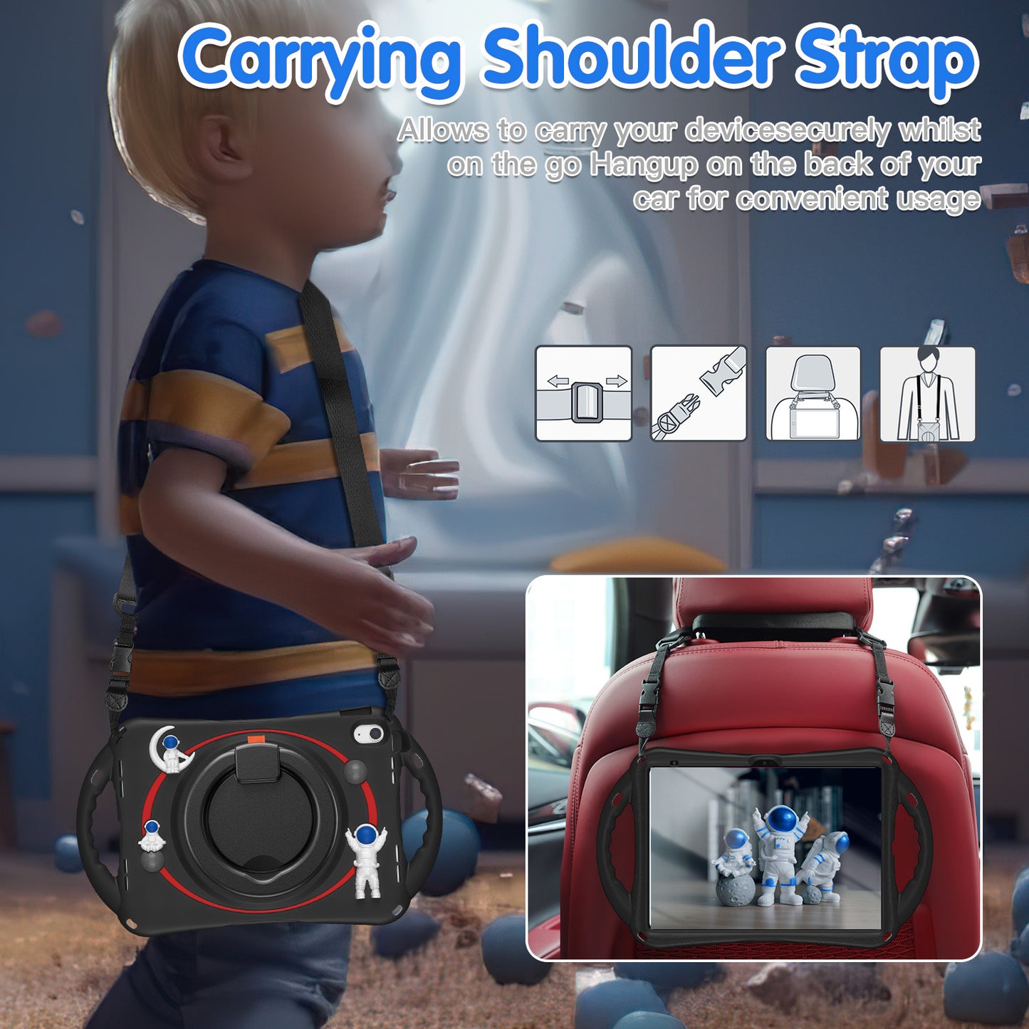 For iPad 10.9 (2022) Astronaut Tablet Case Rotating Kickstand Handle PC+Silicone Protective Cover with Pencil Holder