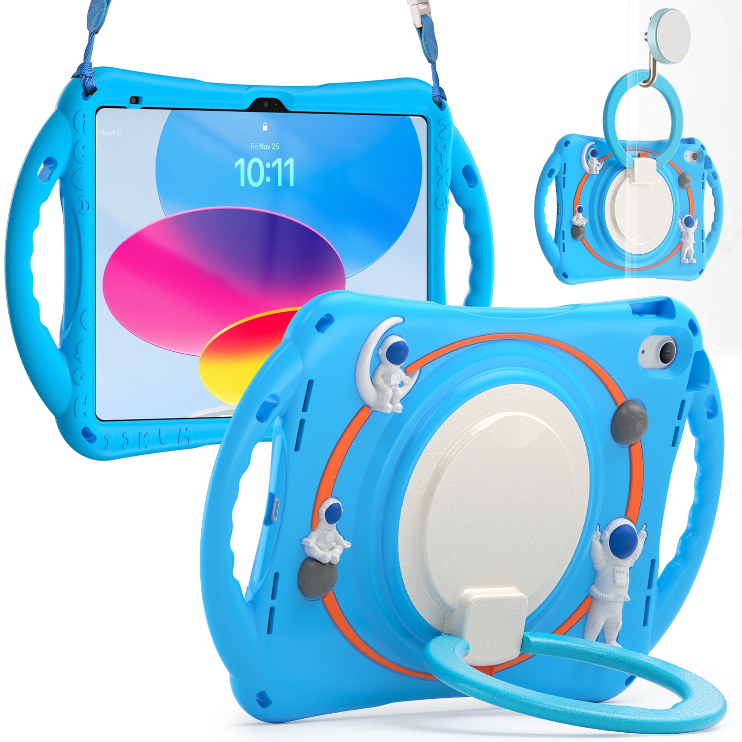 For iPad 10.9 (2022) Astronaut Tablet Case Rotating Kickstand Handle PC+Silicone Protective Cover with Pencil Holder