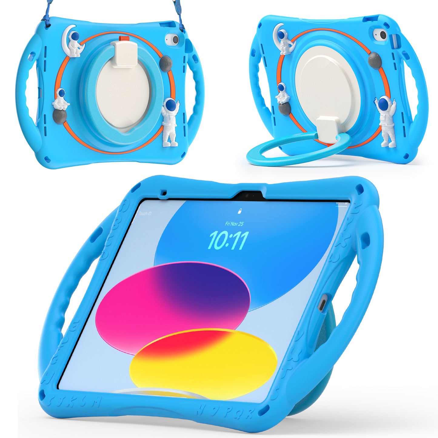 For iPad 10.9 (2022) Astronaut Tablet Case Rotating Kickstand Handle PC+Silicone Protective Cover with Pencil Holder