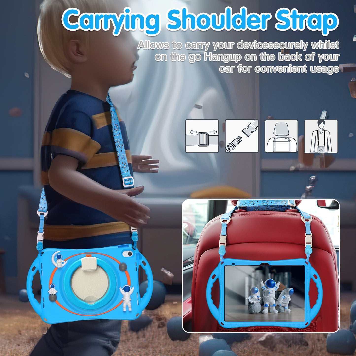 For iPad 10.9 (2022) Astronaut Tablet Case Rotating Kickstand Handle PC+Silicone Protective Cover with Pencil Holder