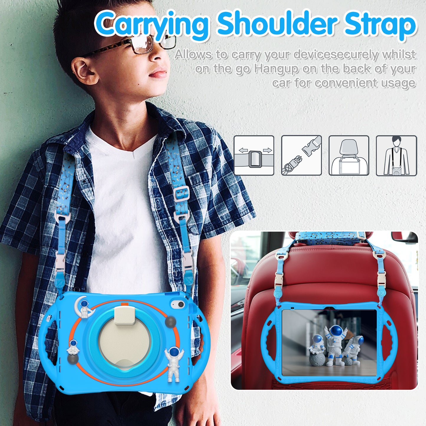 For iPad 10.9 (2022) Astronaut Tablet Case Rotating Kickstand Handle PC+Silicone Protective Cover with Pencil Holder