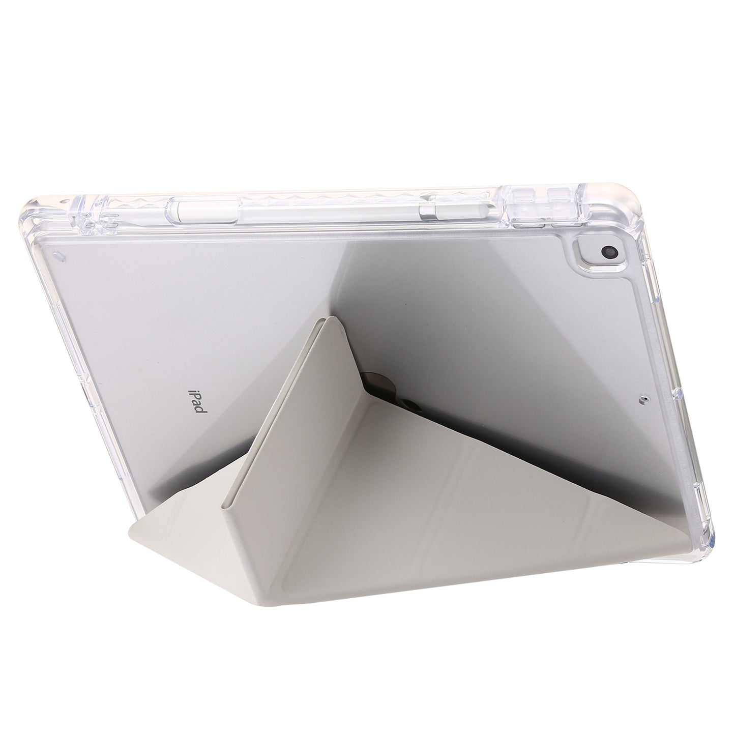 For iPad 10.2 (2021) / (2020) / (2019) Tablet Case Origami Tri-fold Stand PU Leather+Clear Acrylic Cover