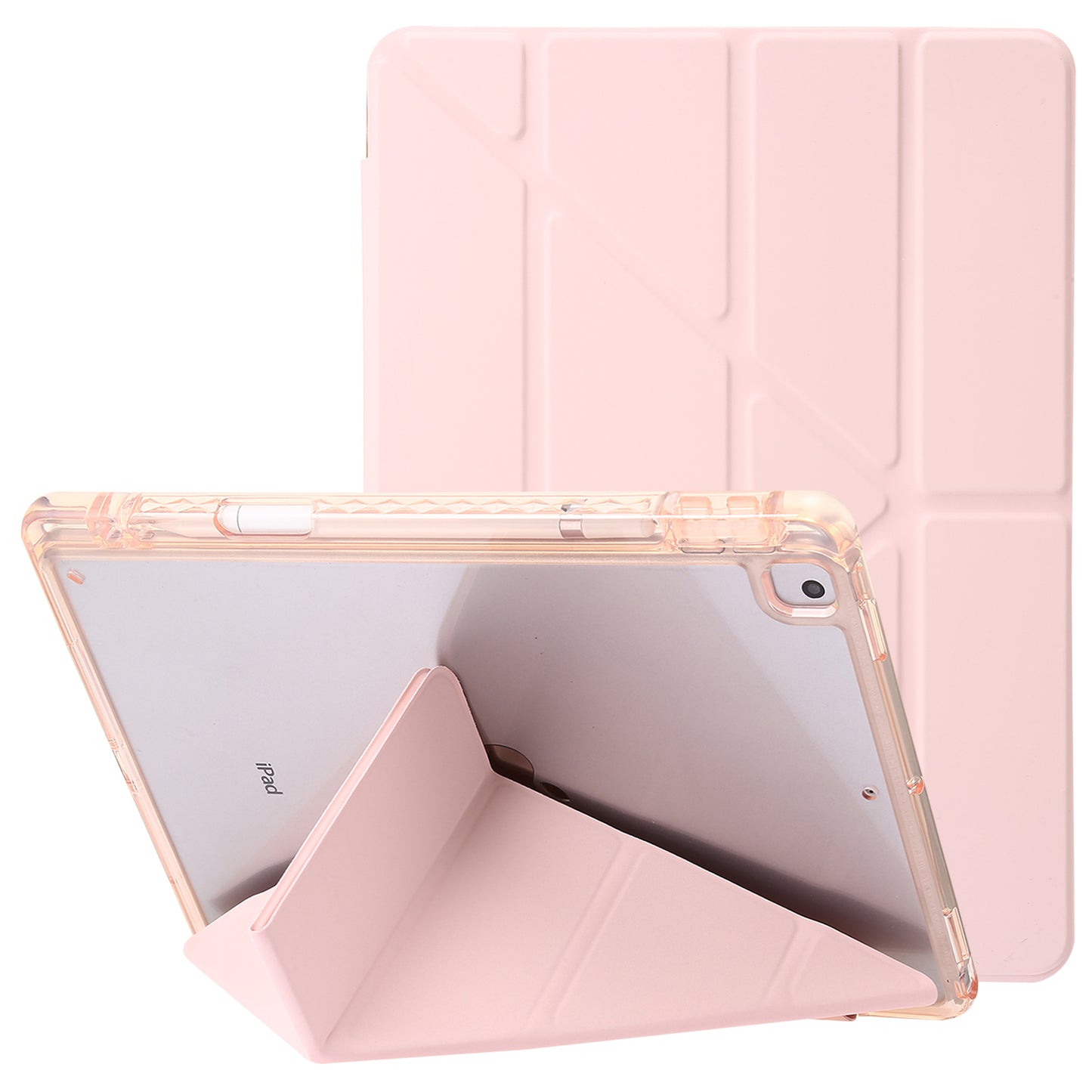 For iPad 10.2 (2021) / (2020) / (2019) Tablet Case Origami Tri-fold Stand PU Leather+Clear Acrylic Cover