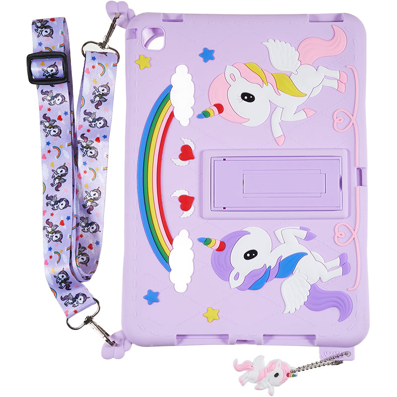 For iPad Air (2013) / Air 2 / iPad 9.7-inch (2017) / (2018) Cute Decor Shockproof Silicone+PC Tablet Cover Kickstand Case with Strap