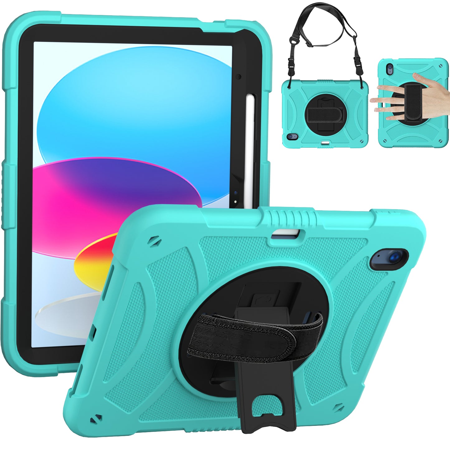For iPad 10.9 (2022) Rotating Kickstand Tablet Case Silicone+PC Anti-Drop Cover with Pencil Holder / Shoulder Strap