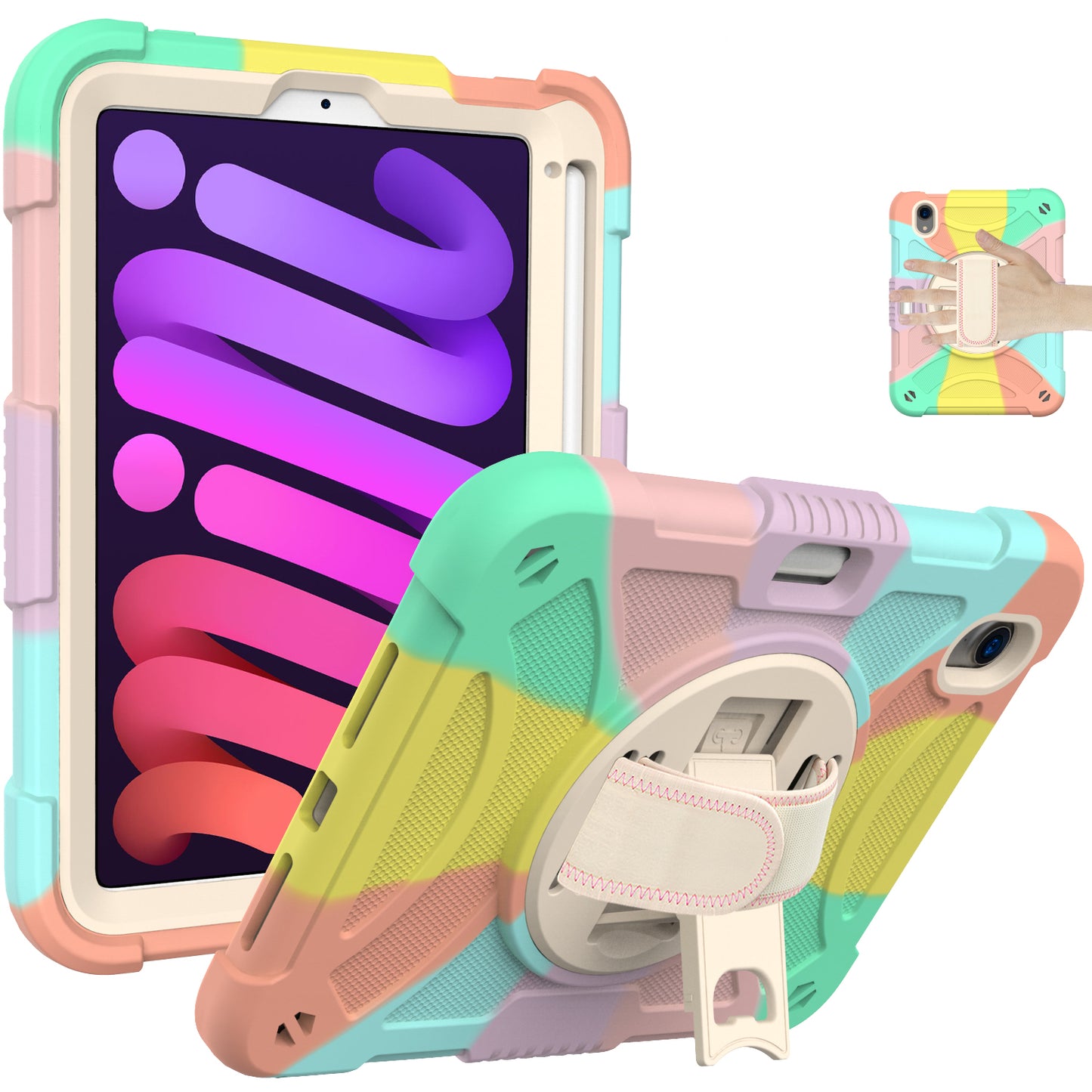 For iPad mini (2021) Silicone+PC Protective Cover Rotating Kickstand Shockproof Tablet Case with Pencil Holder