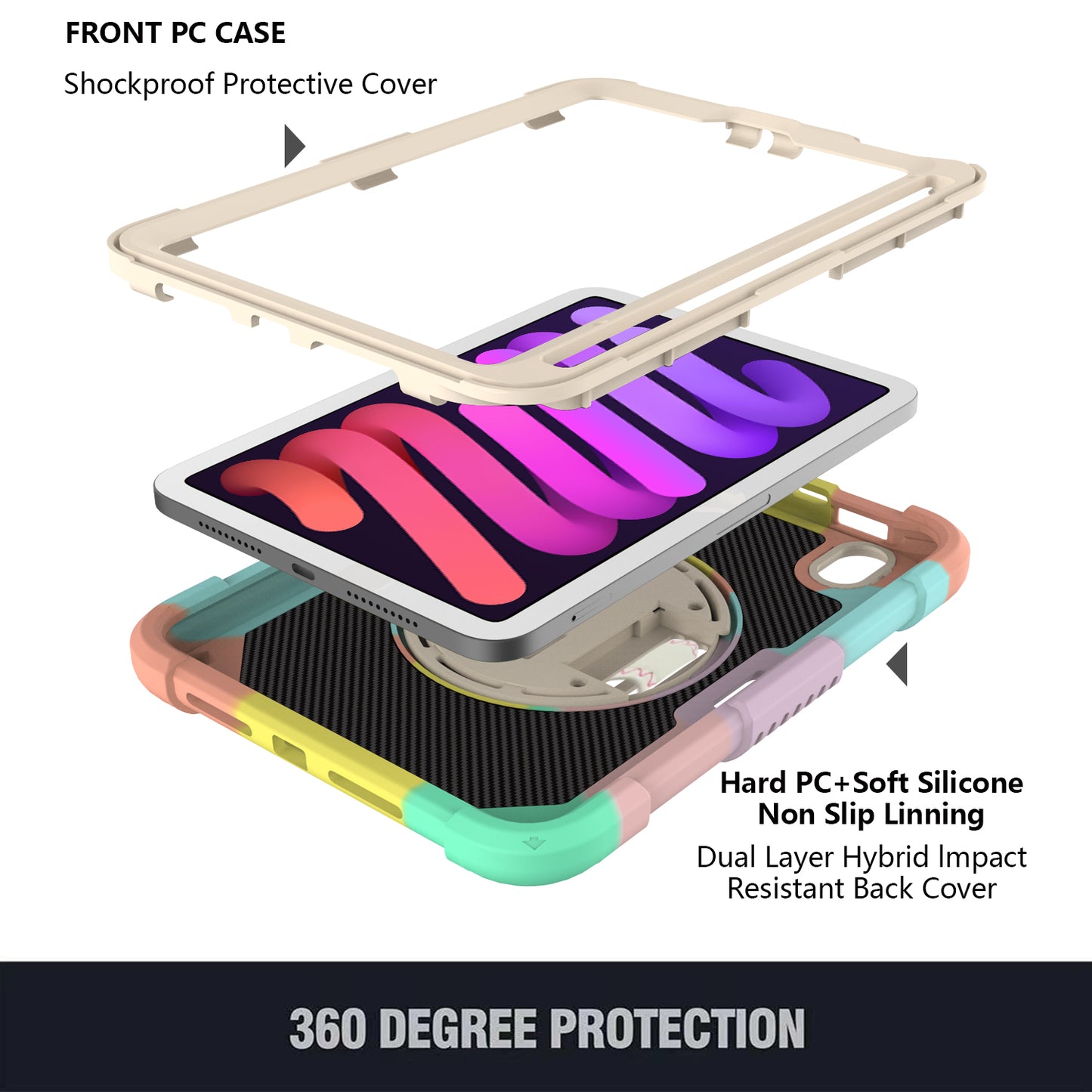 For iPad mini (2021) Silicone+PC Protective Cover Rotating Kickstand Shockproof Tablet Case with Pencil Holder