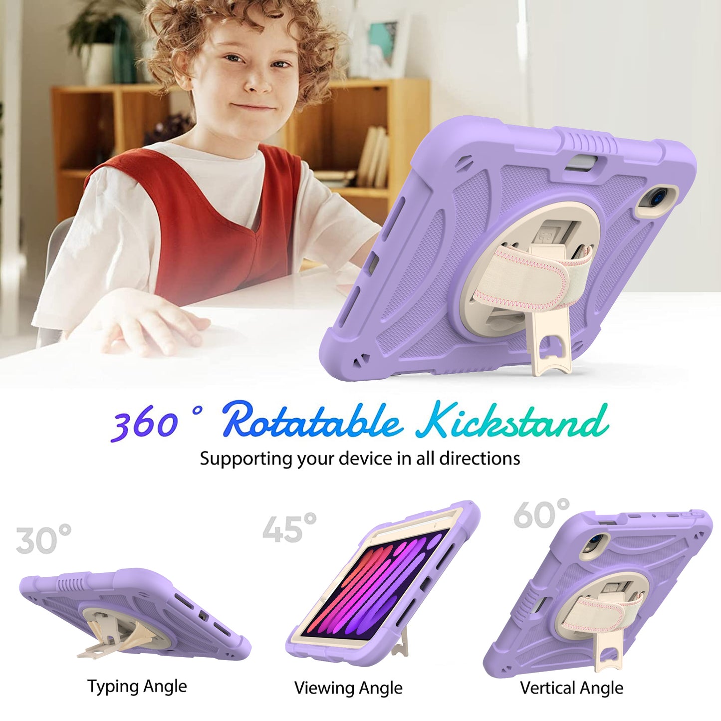 For iPad mini (2021) Tablet Case Silicone+PC Rotating Kickstand Cover with Pencil Holder / Shoulder Strap