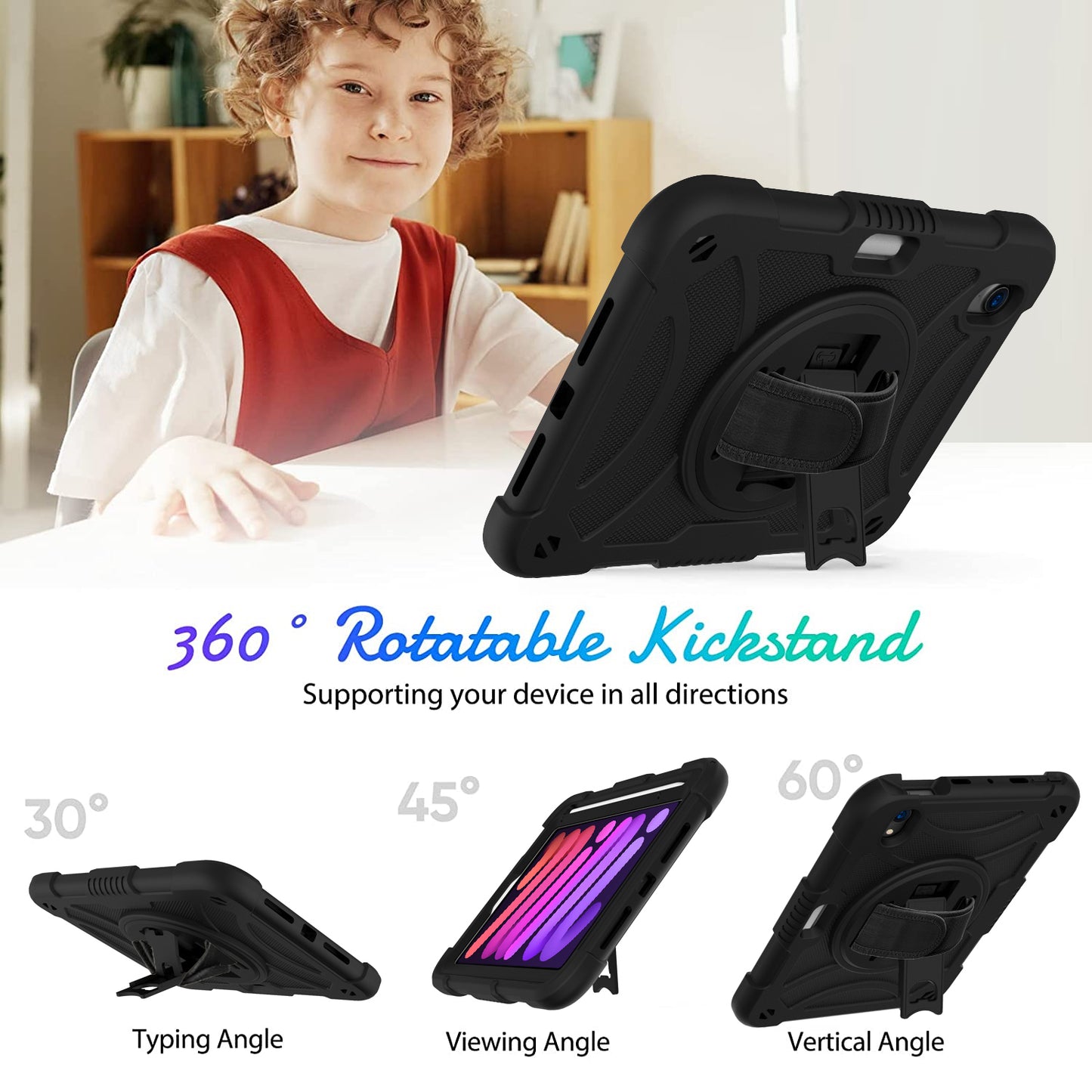 For iPad mini (2021) Tablet Case Silicone+PC Rotating Kickstand Cover with Pencil Holder / Shoulder Strap