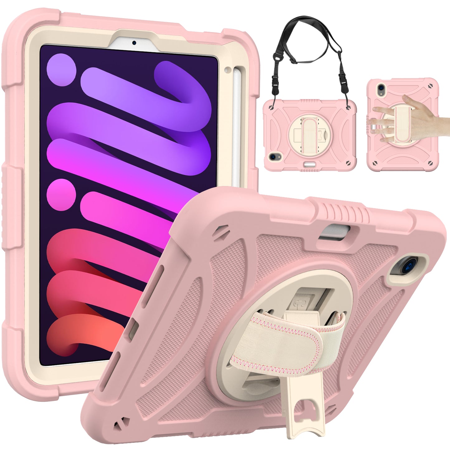 For iPad mini (2021) Tablet Case Silicone+PC Rotating Kickstand Cover with Pencil Holder / Shoulder Strap