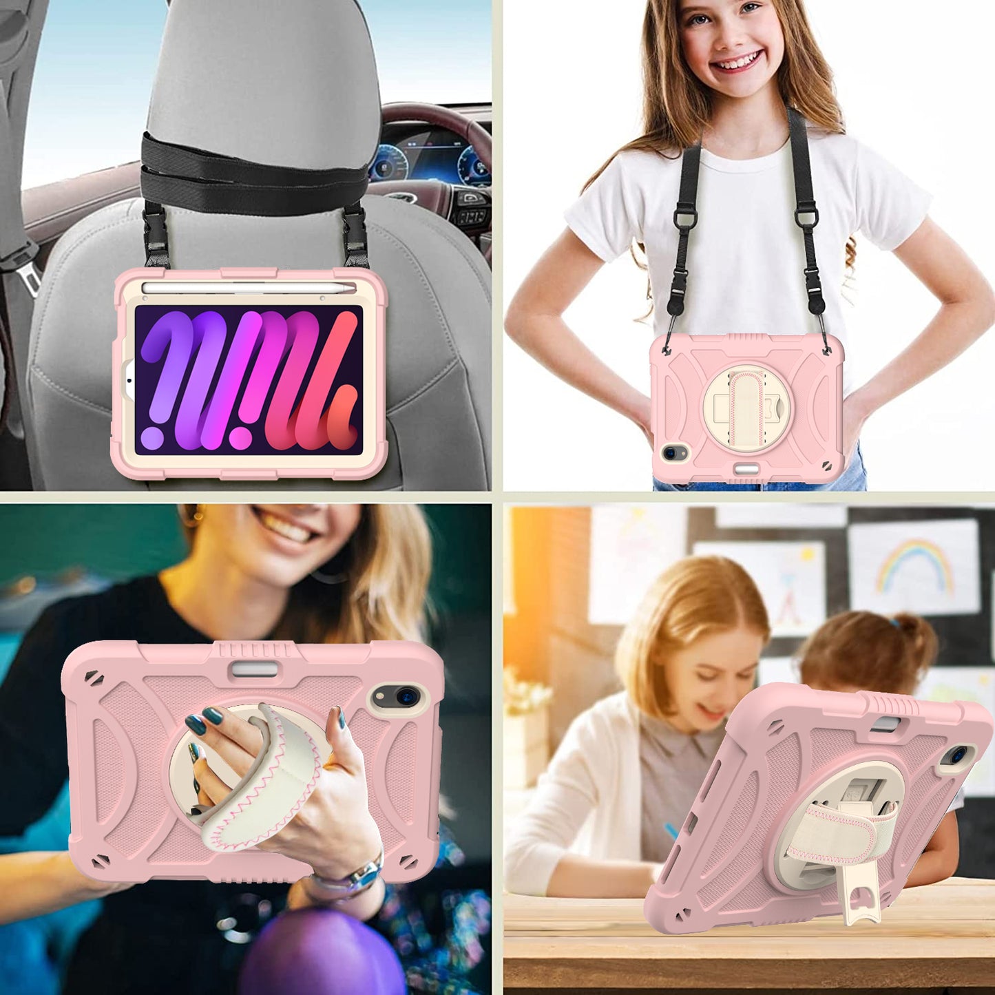 For iPad mini (2021) Tablet Case Silicone+PC Rotating Kickstand Cover with Pencil Holder / Shoulder Strap