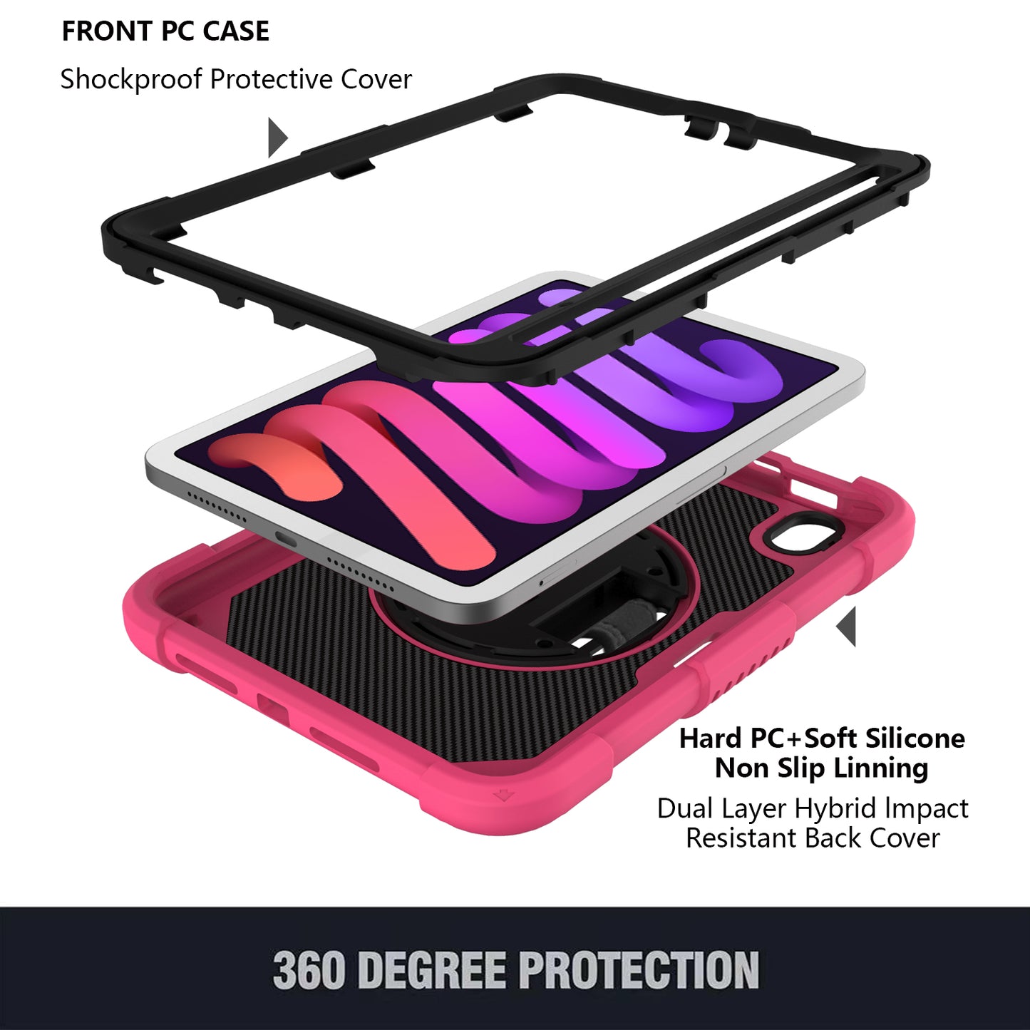 For iPad mini (2021) Tablet Case Silicone+PC Rotating Kickstand Cover with Pencil Holder / Shoulder Strap