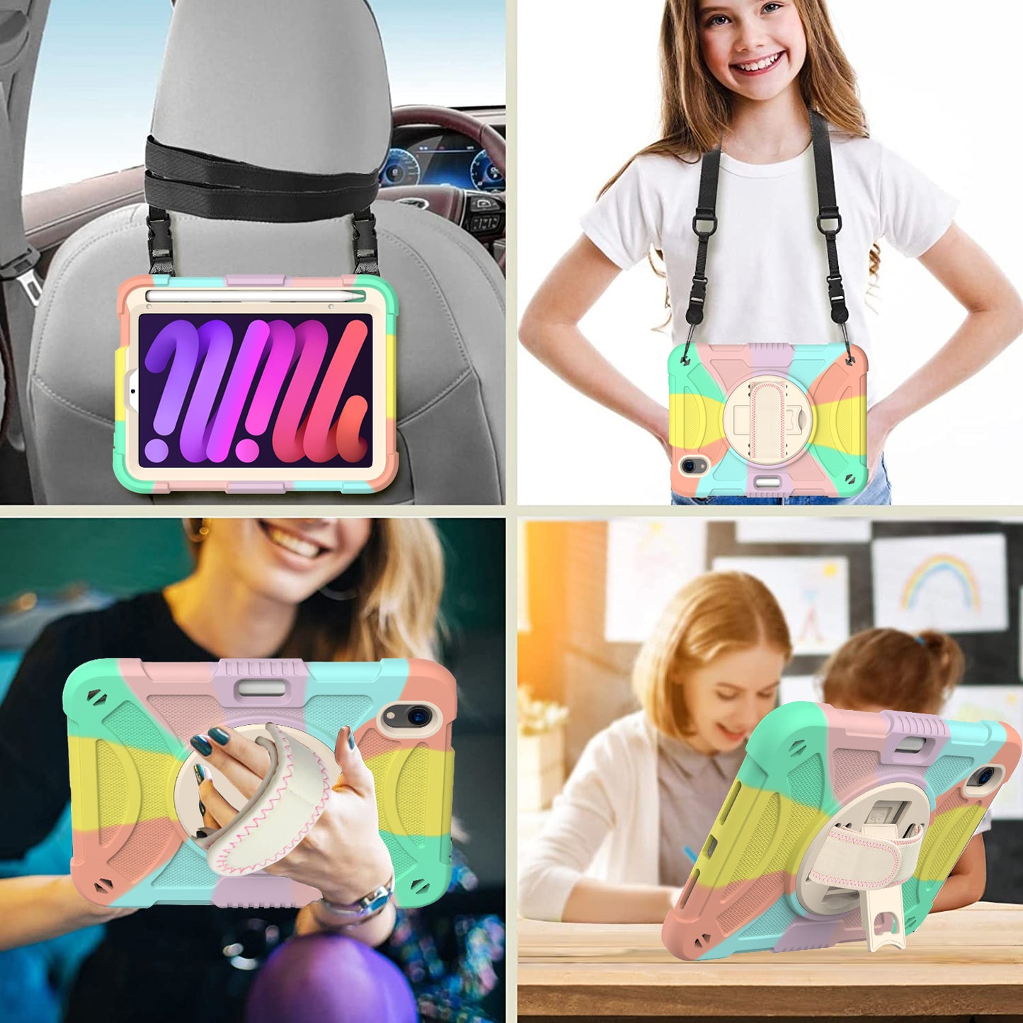 For iPad mini (2021) Tablet Case Silicone+PC Rotating Kickstand Cover with Pencil Holder / Shoulder Strap
