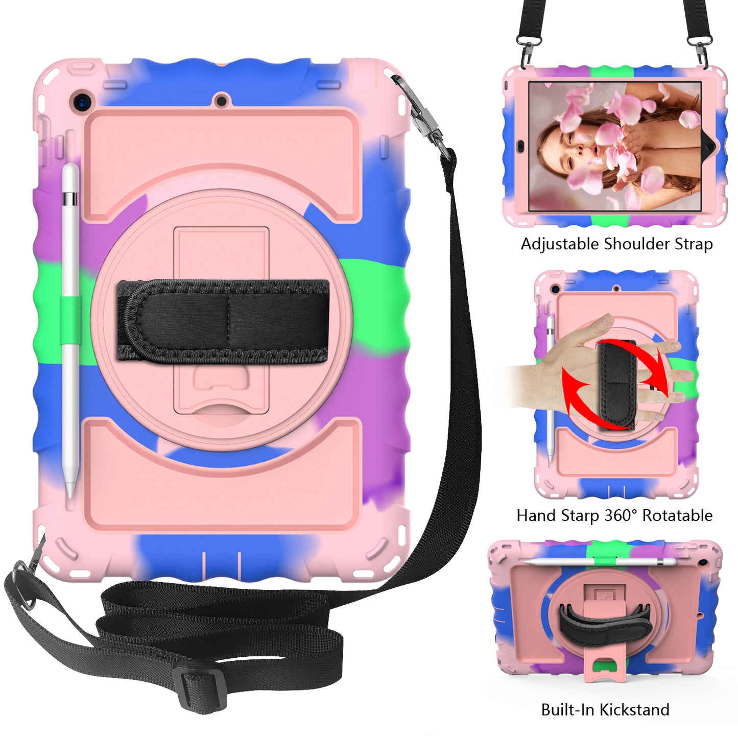 For iPad 10.2 (2021) / (2019) / (2020) Anti-Drop Case Silicone+PC Kickstand Tablet Cover with Shoulder Strap
