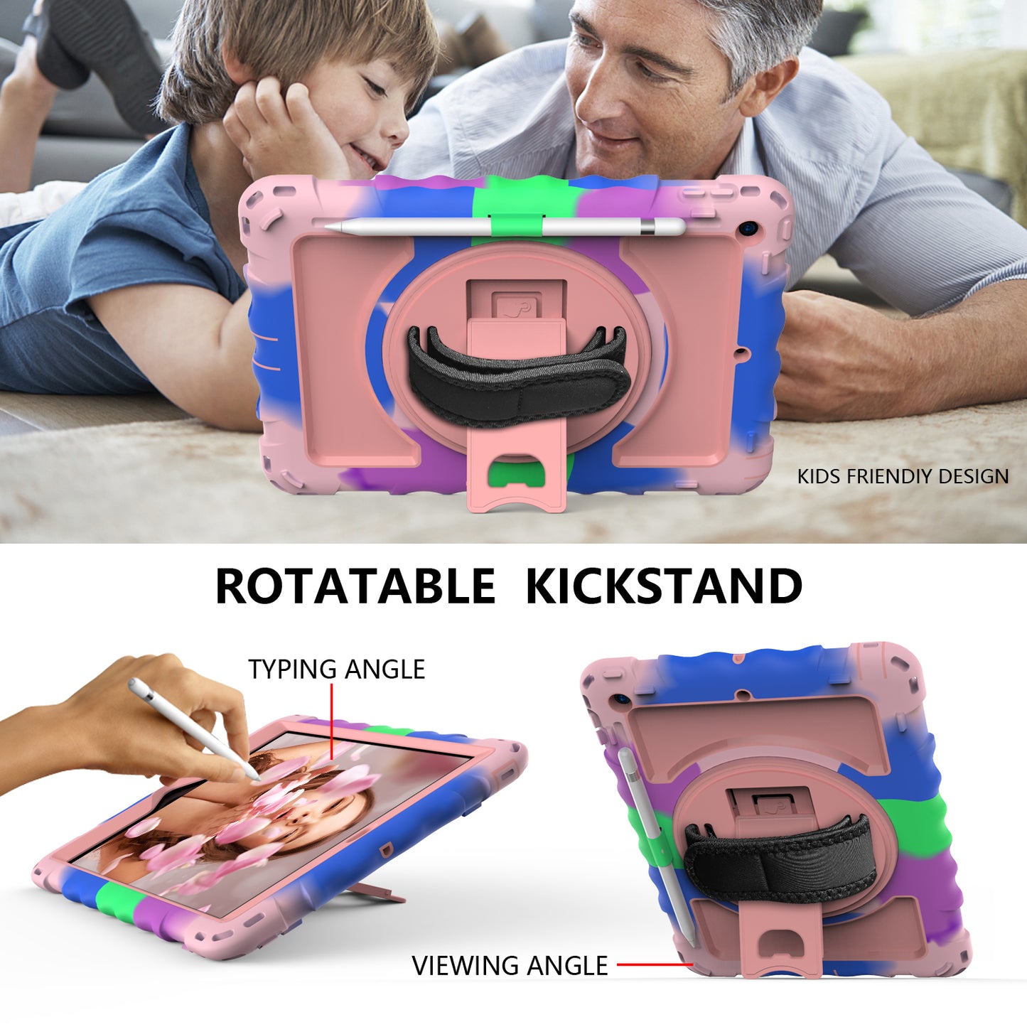 For iPad 10.2 (2021) / (2019) / (2020) Anti-Drop Case Silicone+PC Kickstand Tablet Cover with Shoulder Strap