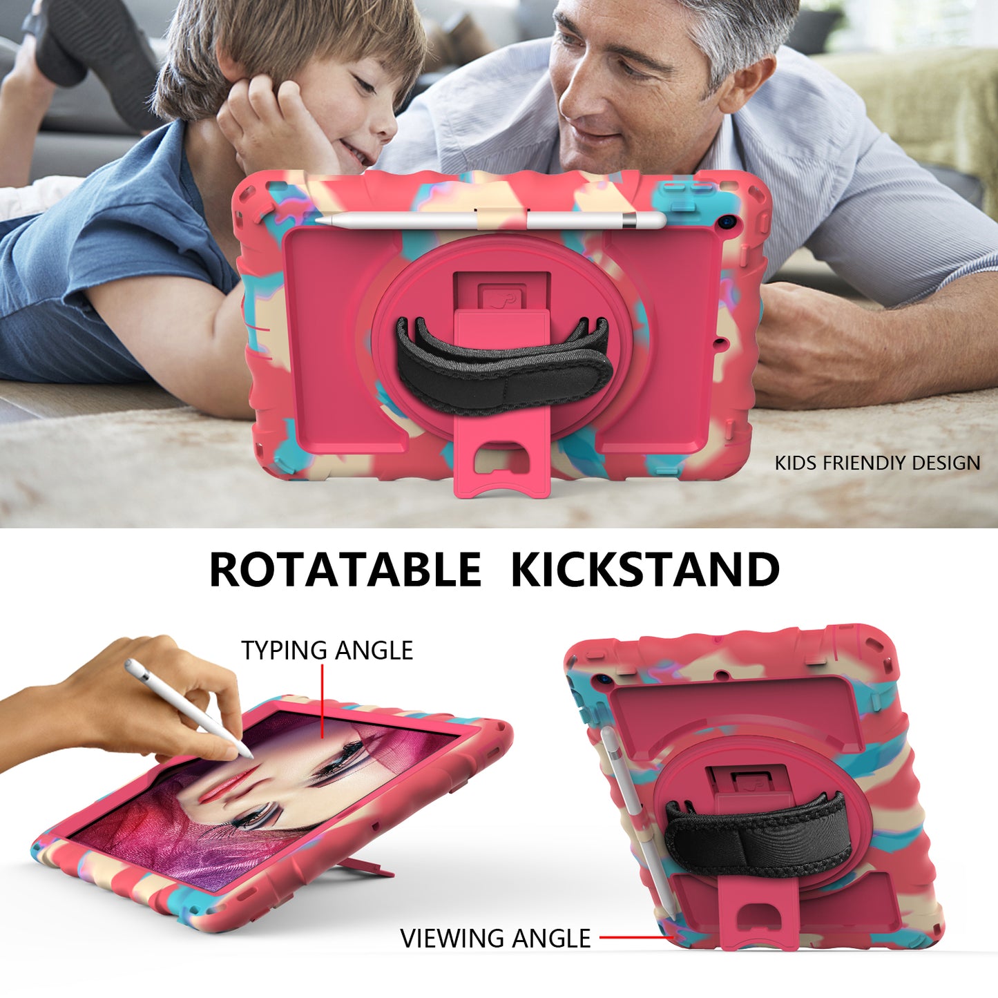 For iPad 10.2 (2021) / (2019) / (2020) Anti-Drop Case Silicone+PC Kickstand Tablet Cover with Shoulder Strap