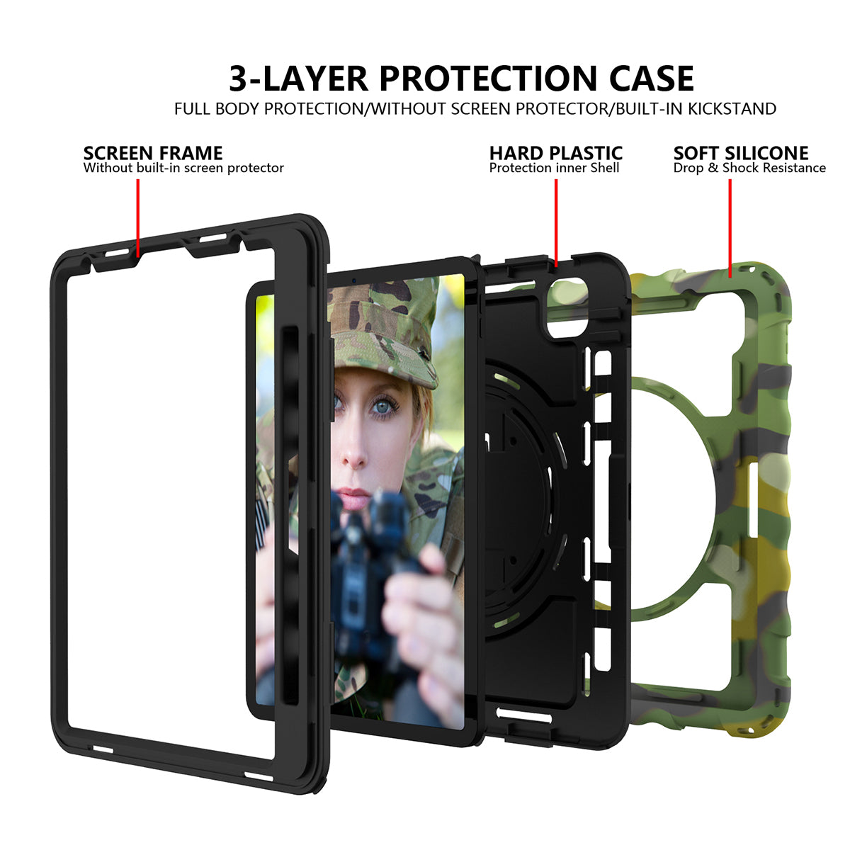 For iPad Pro 11-inch (2018) / (2020) / (2021) / (2022) / Air (2022) / (2020) Shockproof Kickstand Case Silicone+PC Tablet Cover