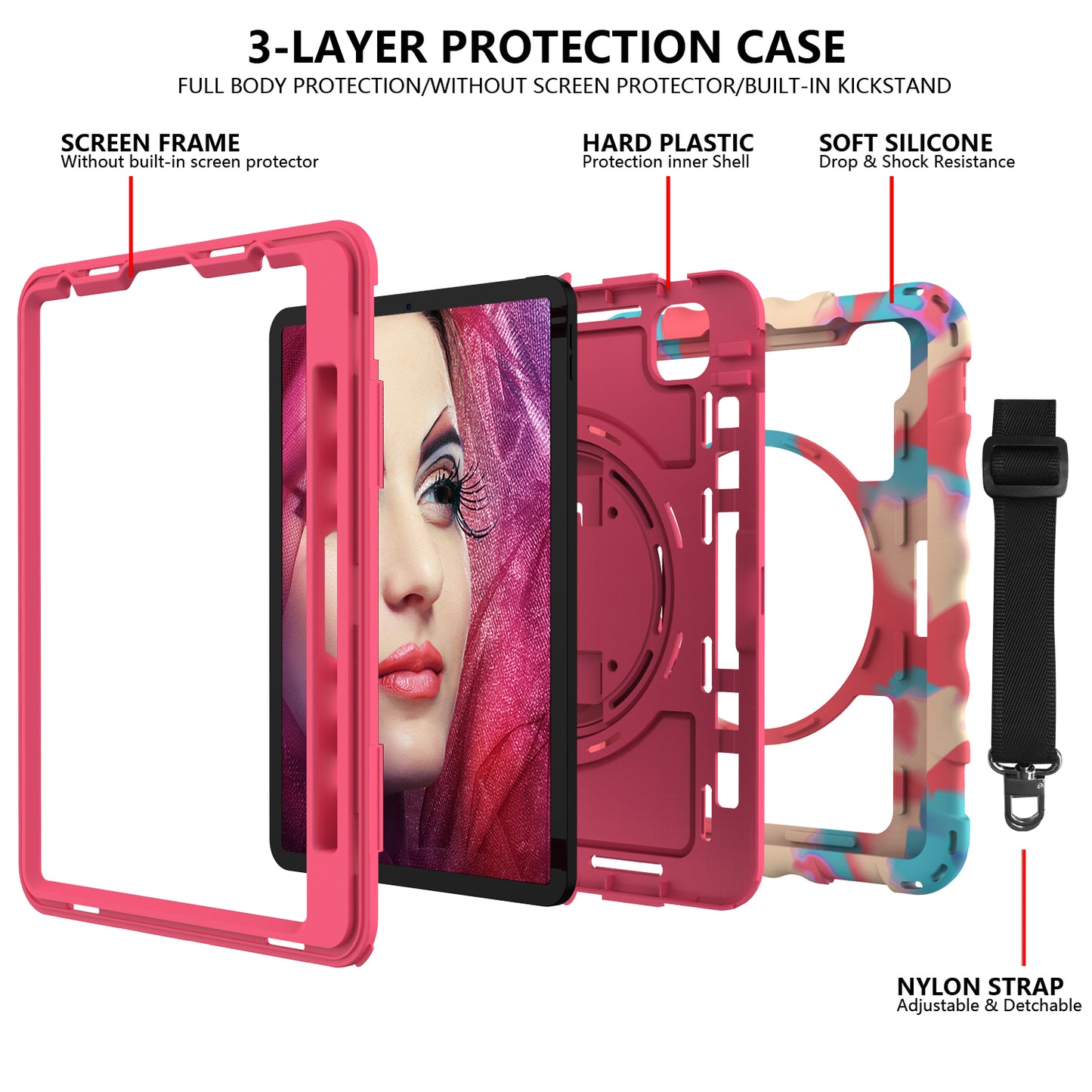 For iPad Pro 11-inch (2018) / (2020) / (2021) / (2022) / Air (2022) / (2020) Anti-Drop Kickstand Case Silicone+PC Tablet Cover with Strap