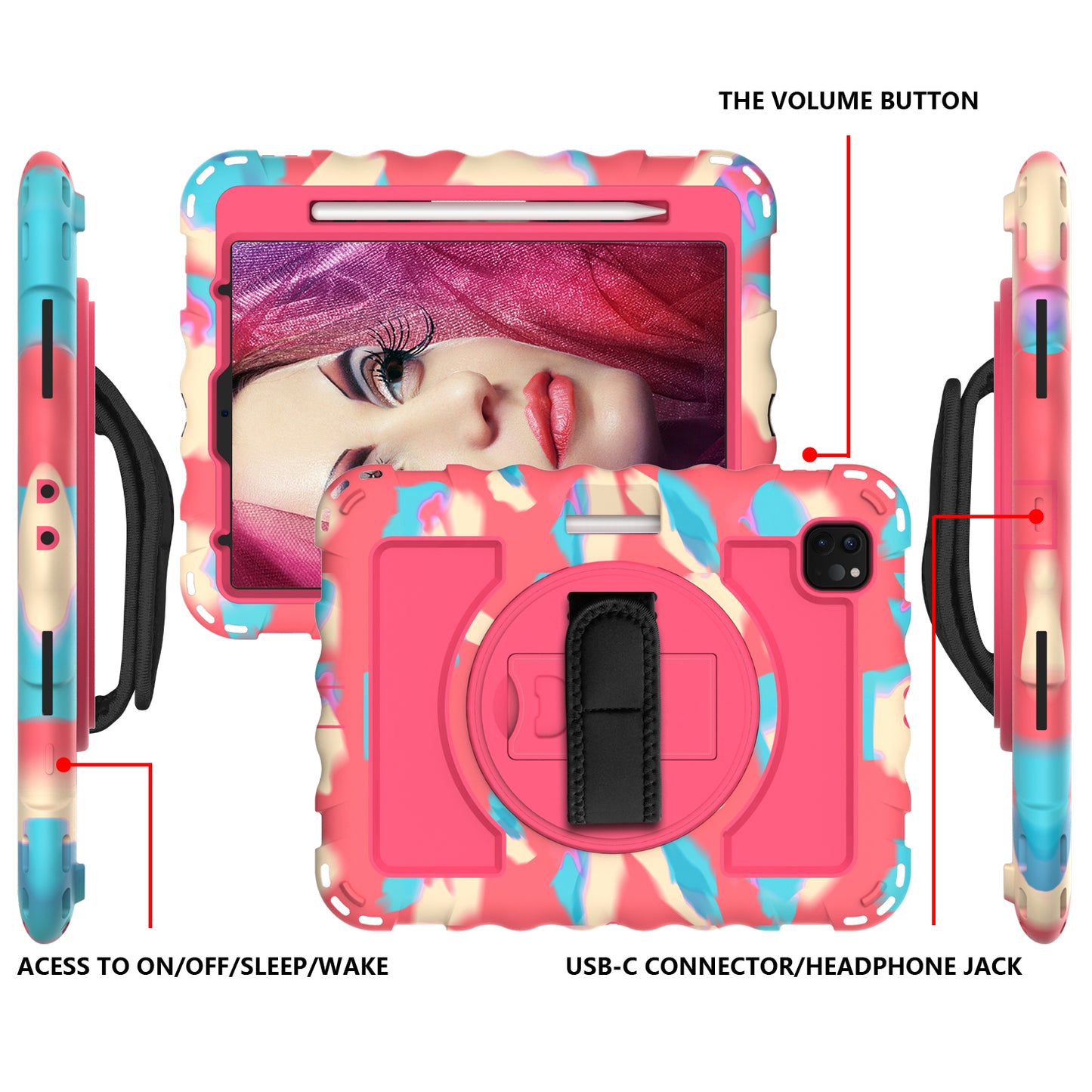 For iPad Pro 11-inch (2018) / (2020) / (2021) / (2022) / Air (2022) / (2020) Anti-Drop Kickstand Case Silicone+PC Tablet Cover with Strap