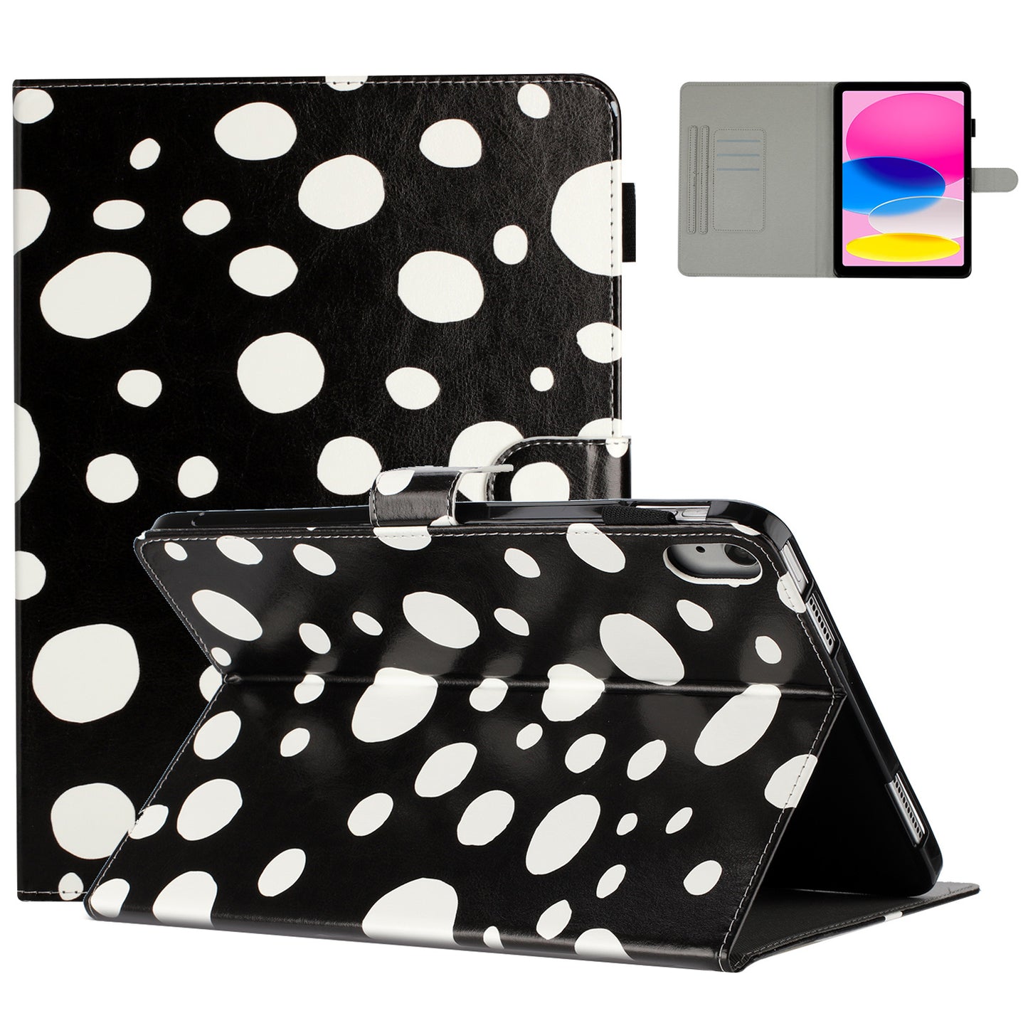 For iPad 10.9 (2022) PU Leather Tablet Cover Dots Pattern Stand Smart Cover with Card Holder