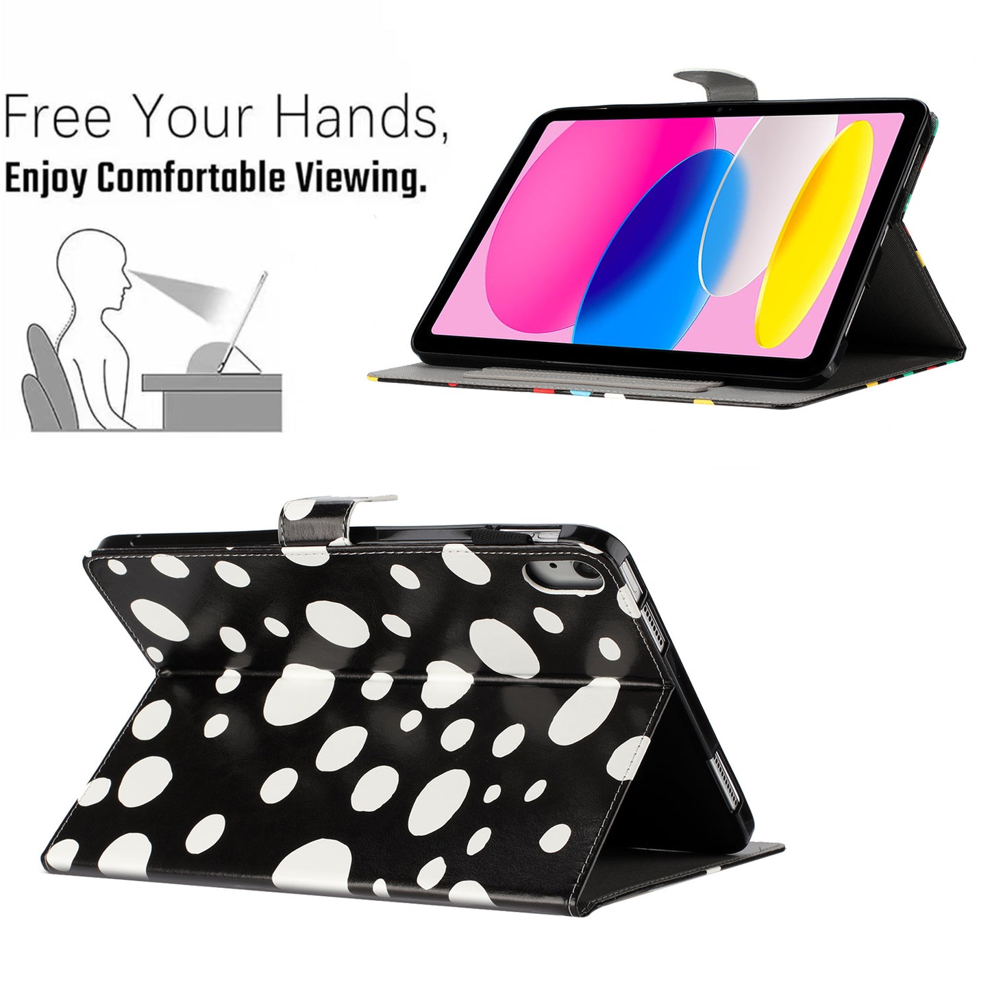 For iPad 10.9 (2022) PU Leather Tablet Cover Dots Pattern Stand Smart Cover with Card Holder