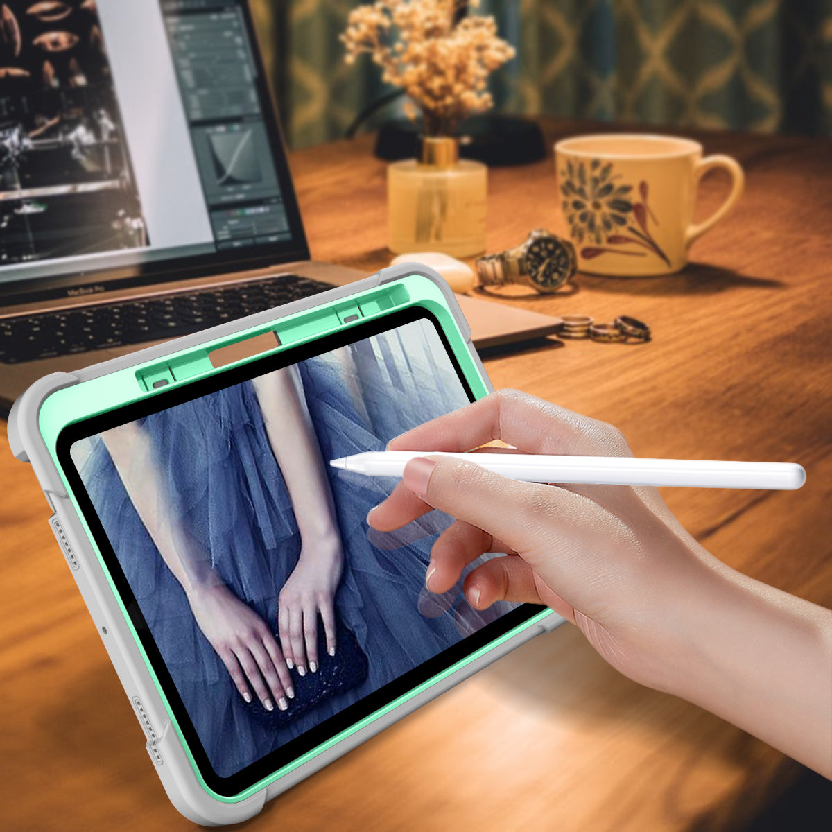 For iPad 10.9 (2022) Tablet Cover Armor Defender Silicone + PC Kickstand Case with Pencil Holder