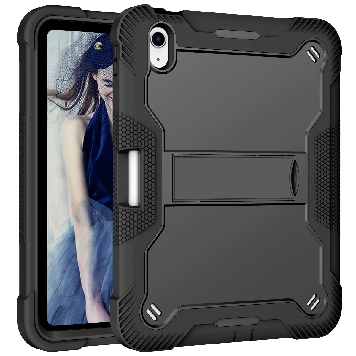 For iPad 10.9 (2022) Tablet Cover Armor Defender Silicone + PC Kickstand Case with Pencil Holder