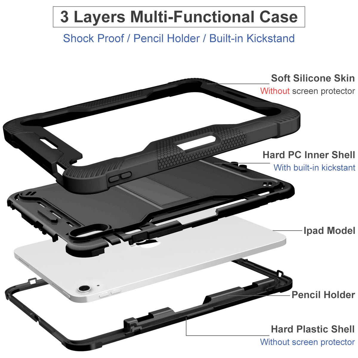 For iPad 10.9 (2022) Tablet Cover Armor Defender Silicone + PC Kickstand Case with Pencil Holder