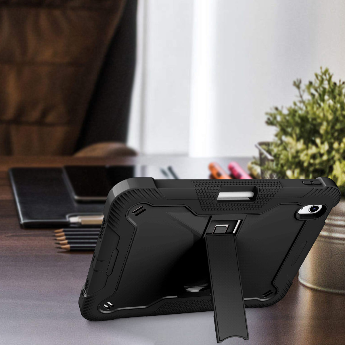 For iPad 10.9 (2022) Tablet Cover Armor Defender Silicone + PC Kickstand Case with Pencil Holder