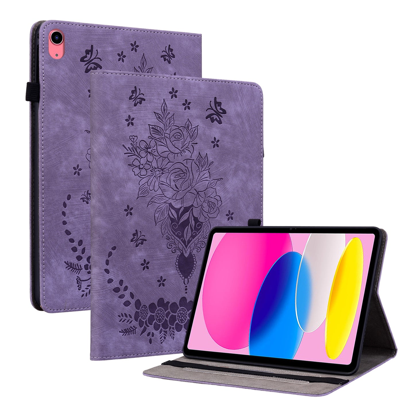 For iPad 10.9 (2022) PU Leather Stand Case Butterfly Rose Imprinted Card Holder Tablet Cover