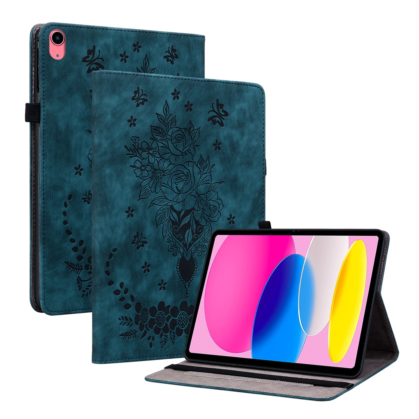 For iPad 10.9 (2022) PU Leather Stand Case Butterfly Rose Imprinted Card Holder Tablet Cover
