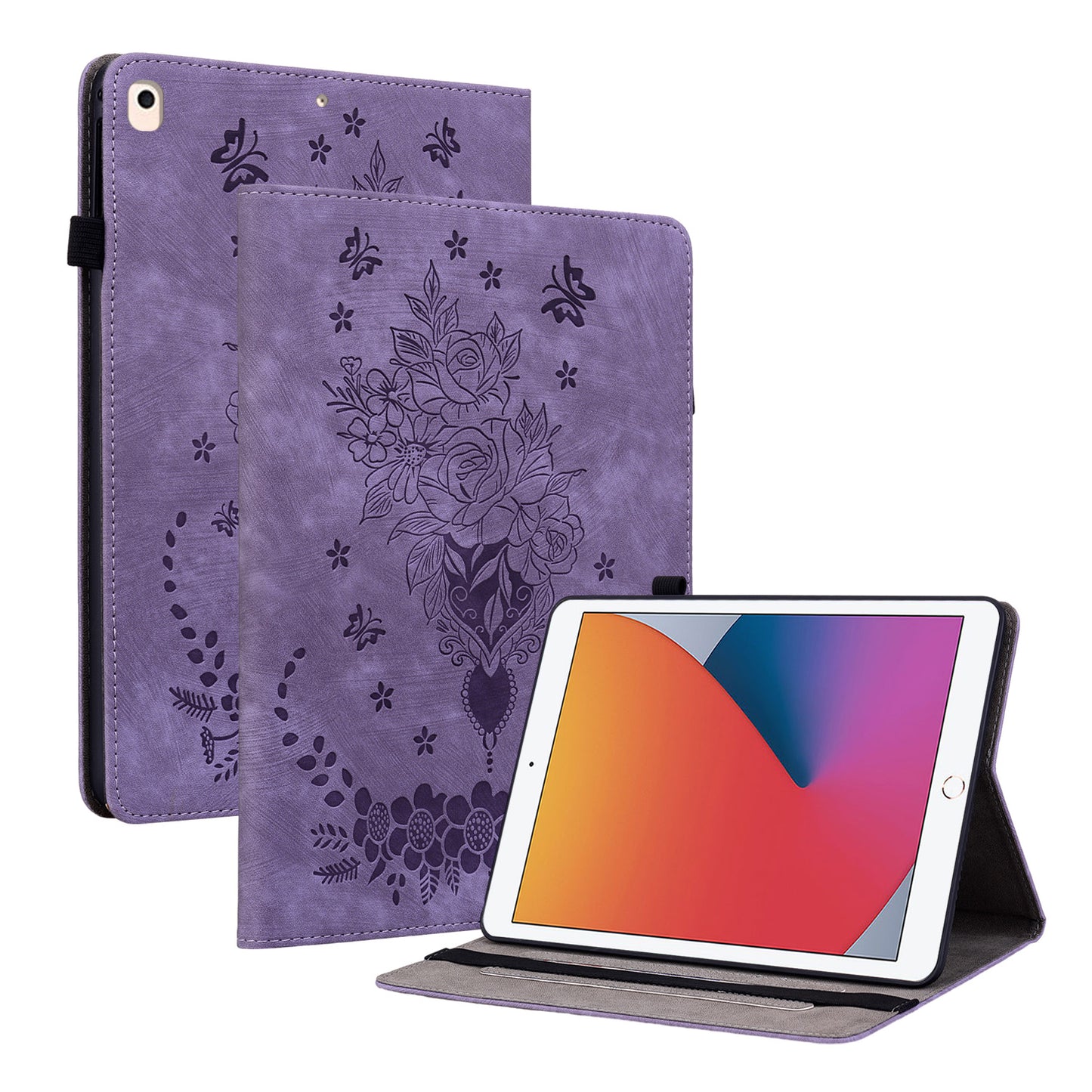 For iPad Air (2013) / Air 2 / iPad 9.7-inch (2017) / (2018) PU Leather Stand Shell Butterfly Rose Imprinted Tablet Case with Card Slots