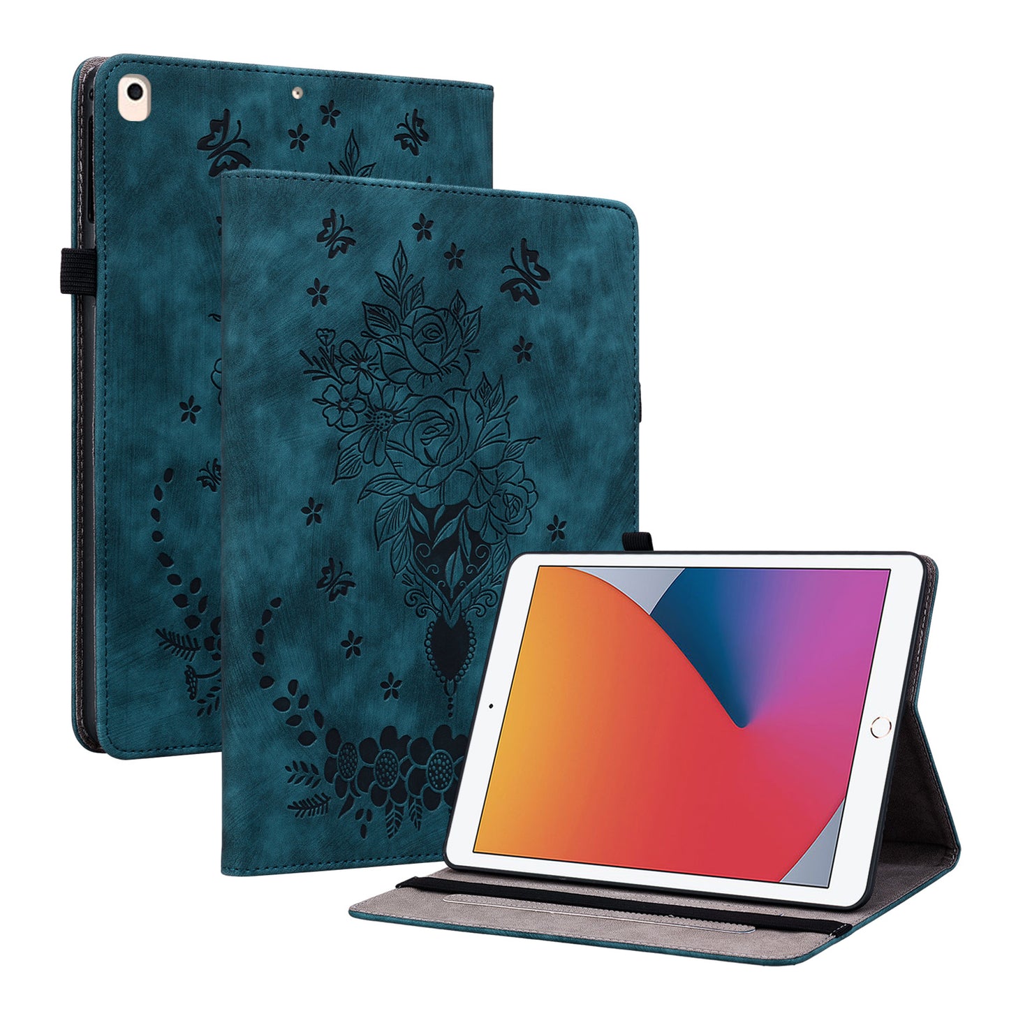 For iPad Air (2013) / Air 2 / iPad 9.7-inch (2017) / (2018) PU Leather Stand Shell Butterfly Rose Imprinted Tablet Case with Card Slots
