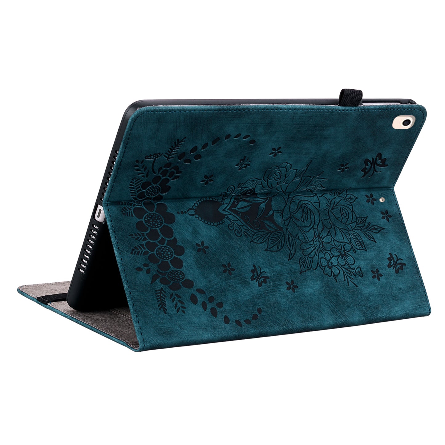 For iPad Air (2013) / Air 2 / iPad 9.7-inch (2017) / (2018) PU Leather Stand Shell Butterfly Rose Imprinted Tablet Case with Card Slots