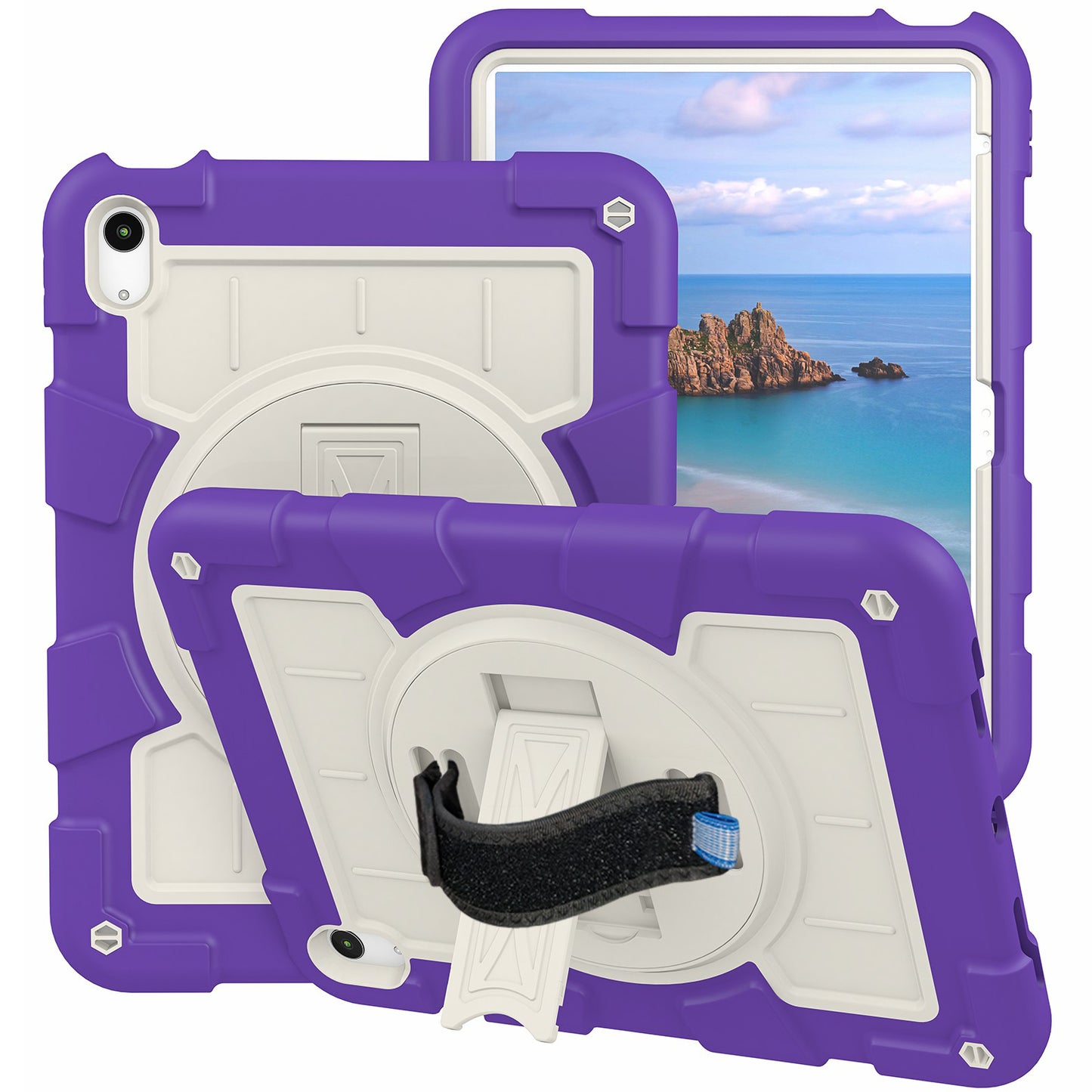 For iPad 10.9 (2022) TPU+PC Tablet Case Rotating Hand Strap Kickstand Cover with Shoulder Strap