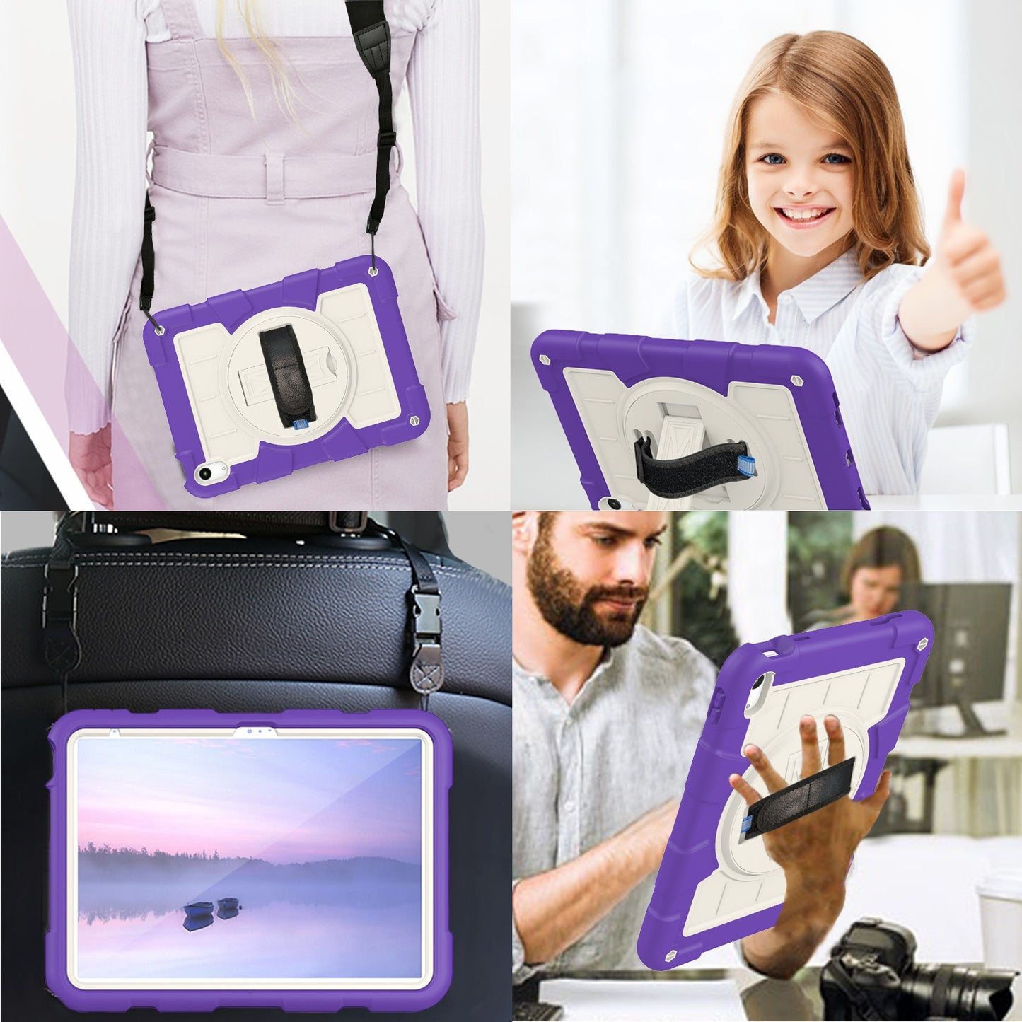 For iPad 10.9 (2022) TPU+PC Tablet Case Rotating Hand Strap Kickstand Cover with Shoulder Strap