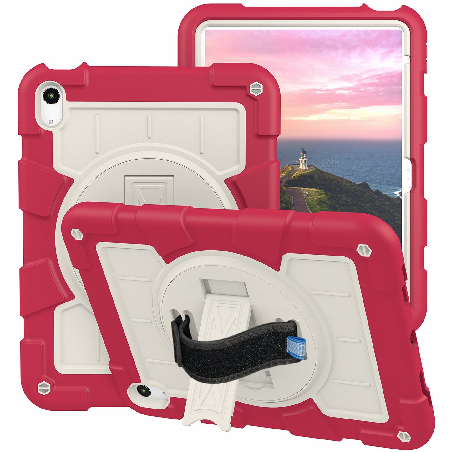For iPad 10.9 (2022) TPU+PC Tablet Case Rotating Hand Strap Kickstand Cover with Shoulder Strap