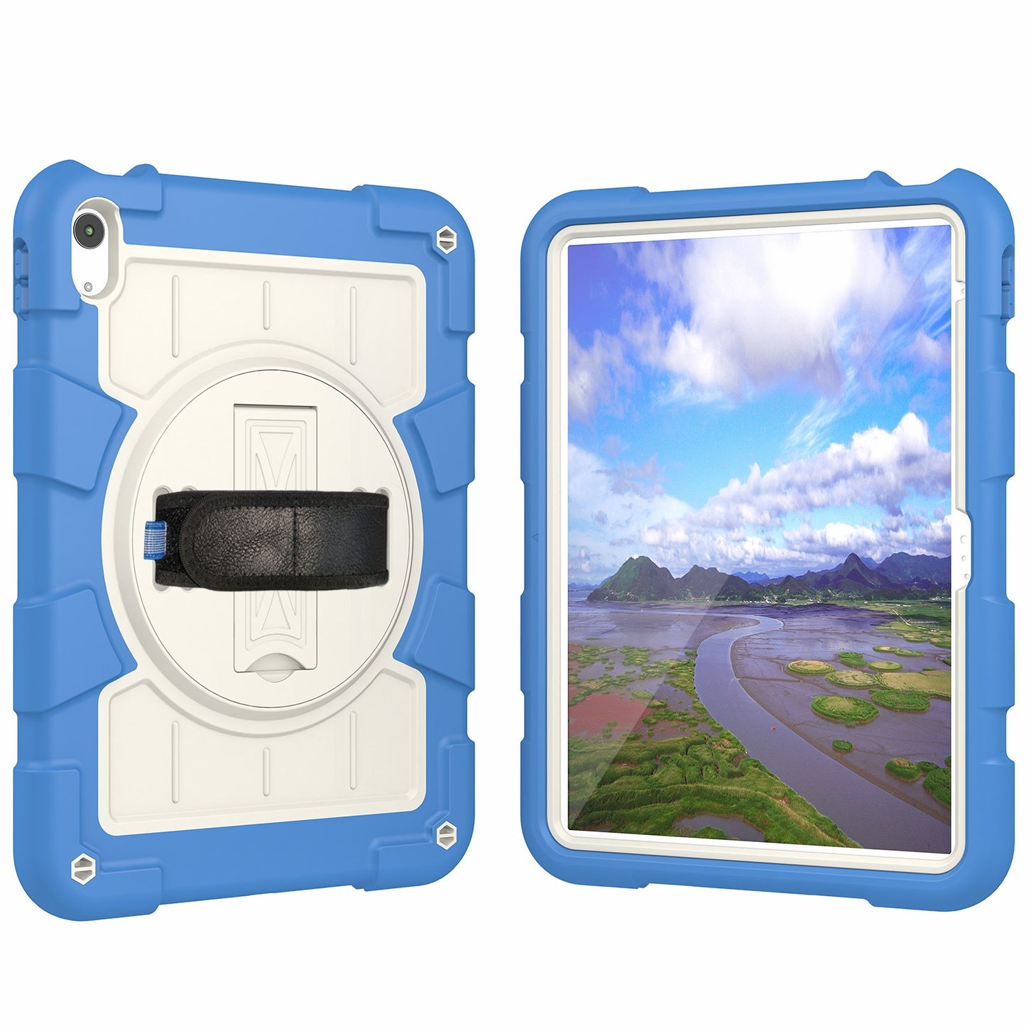 For iPad 10.9 (2022) TPU+PC Tablet Case Rotating Hand Strap Kickstand Cover with Shoulder Strap