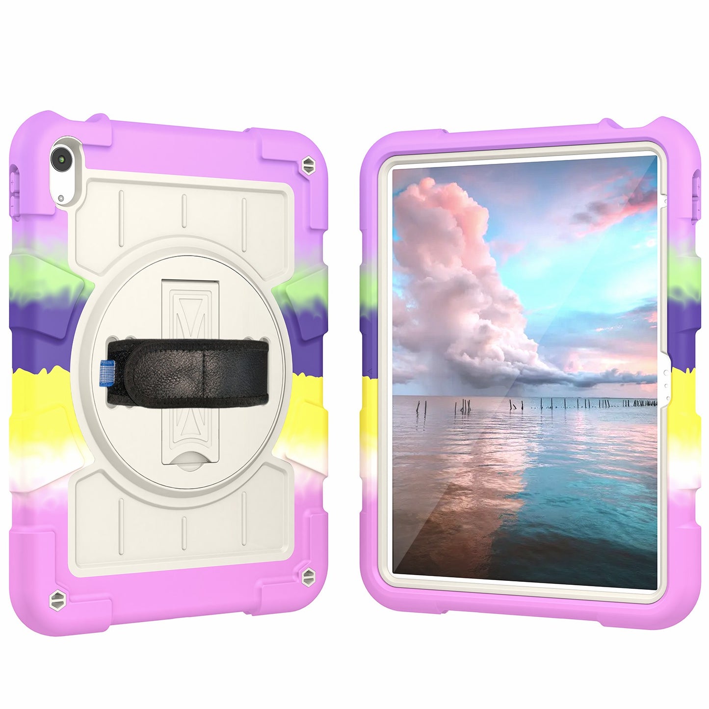 For iPad 10.9 (2022) TPU+PC Tablet Case Rotating Hand Strap Kickstand Cover with Shoulder Strap