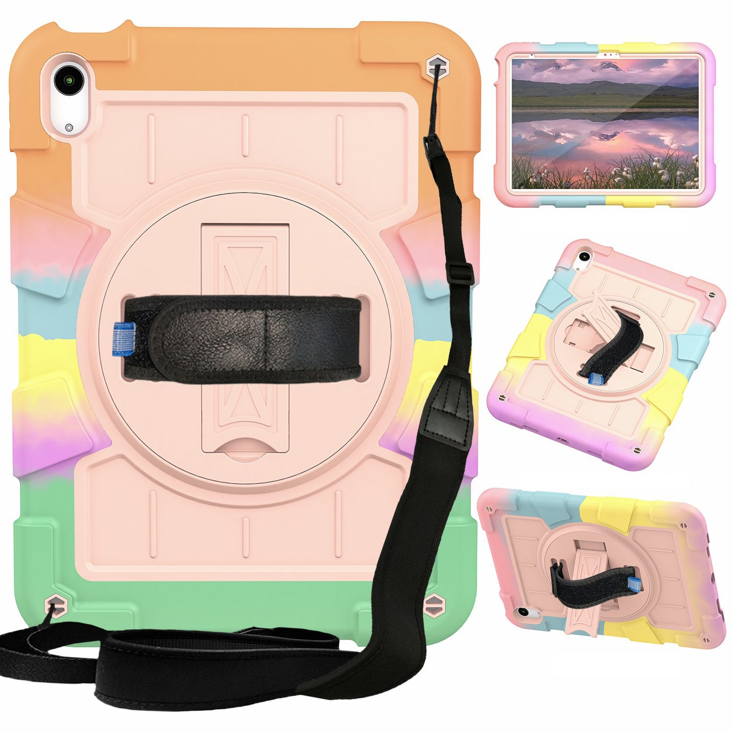 For iPad 10.9 (2022) TPU+PC Tablet Case Rotating Hand Strap Kickstand Cover with Shoulder Strap