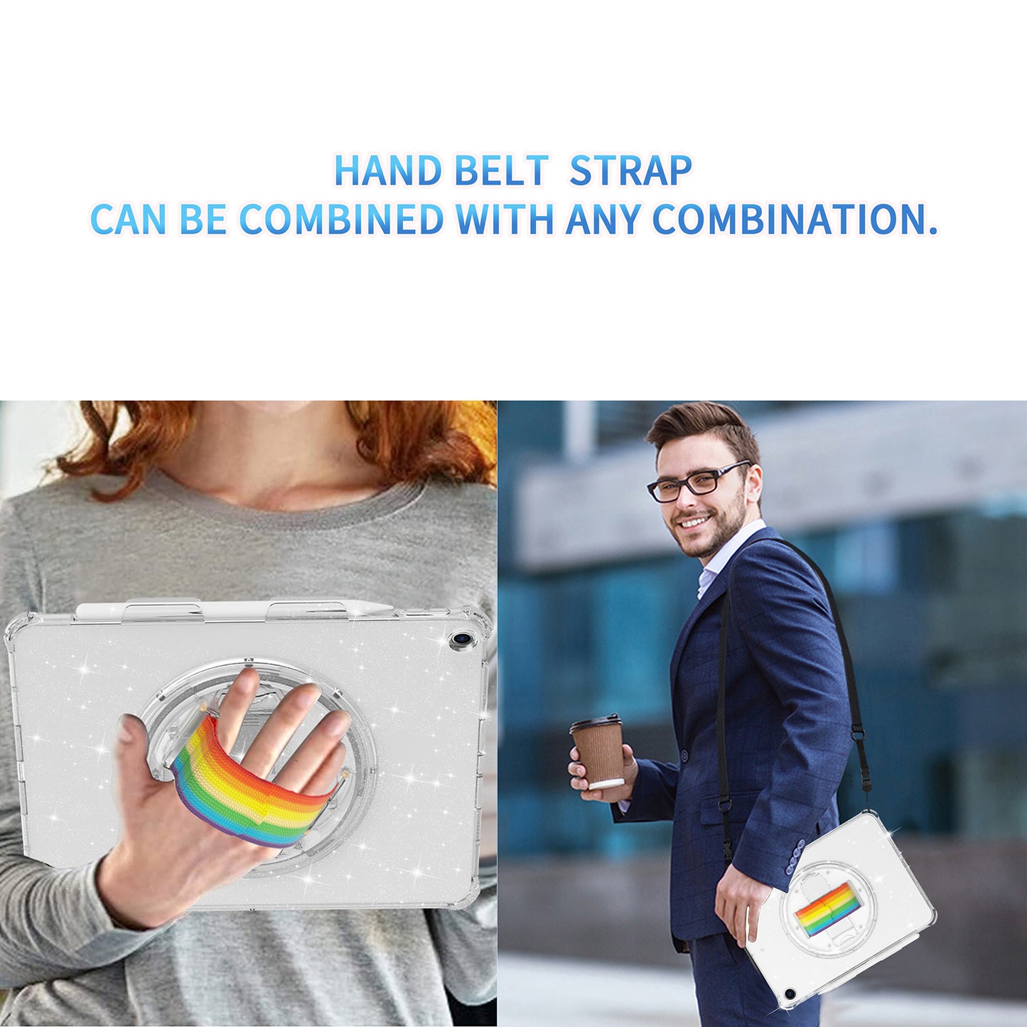 For iPad 10.2 (2021) / (2020) / (2019) Rotary Hand Strap Kickstand Tablet Case TPU+PC Tablet Cover with Shoulder Strap