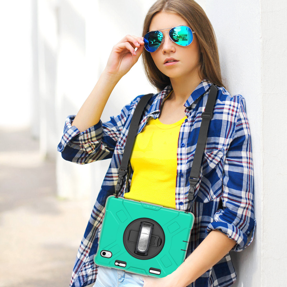 For iPad 10.9 (2022) Shockproof Kickstand Case PC+Silicone Tablet Cover with Shoulder Strap