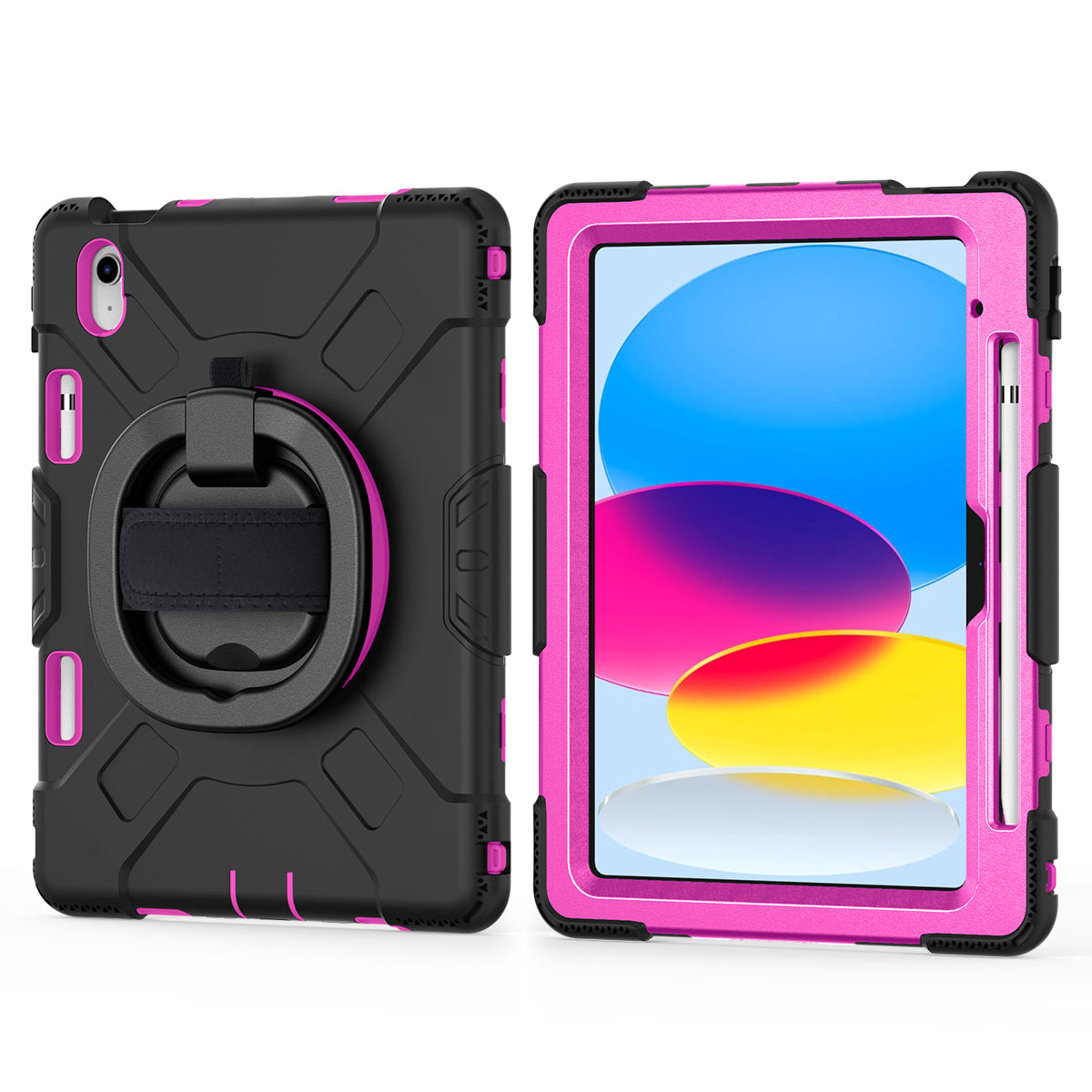 For iPad 10.9 (2022) PC+Silicone Tablet Case Shockproof Rugged Kickstand Cover with Shoulder Strap / Pencil Holder