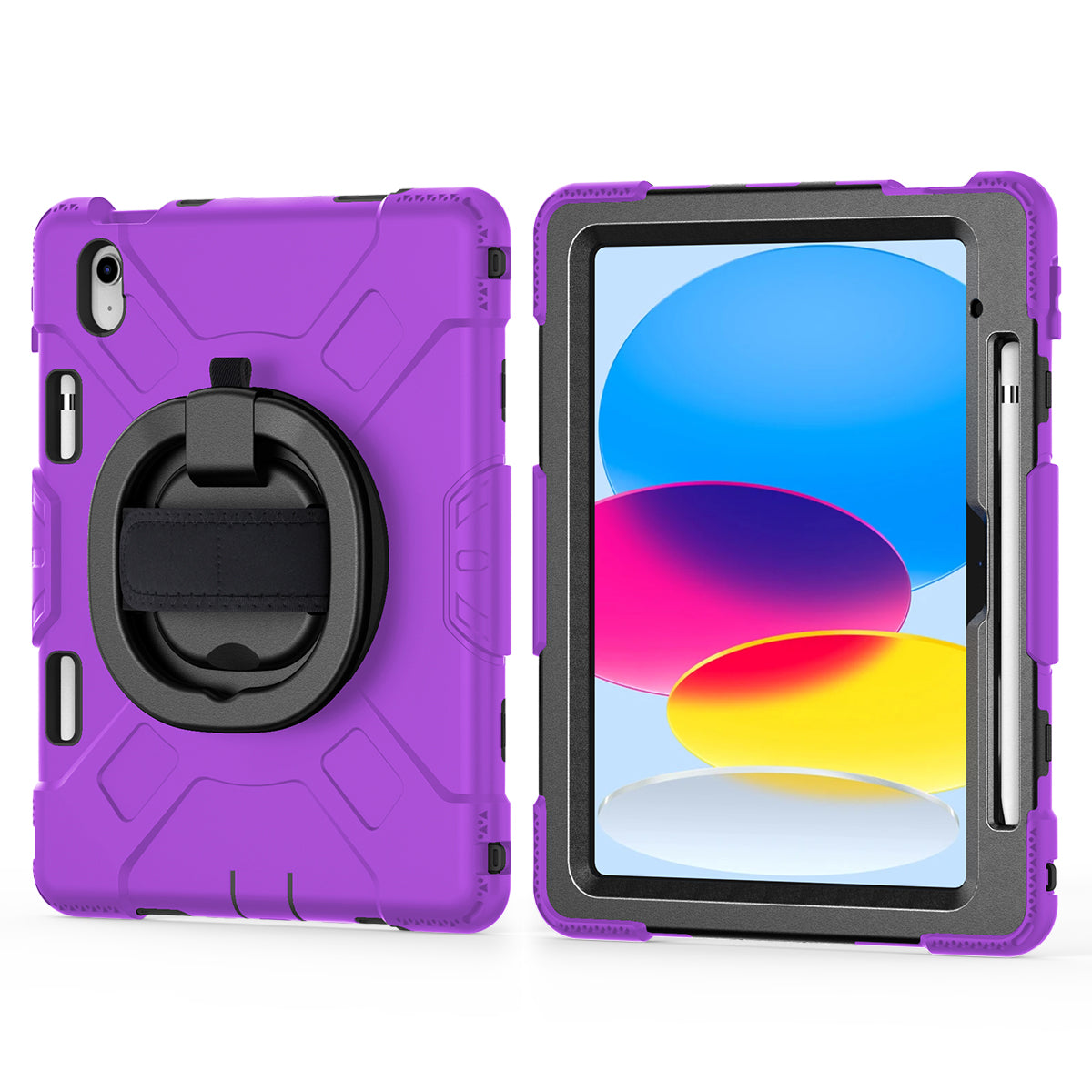 For iPad 10.9 (2022) PC+Silicone Tablet Case Shockproof Rugged Kickstand Cover with Shoulder Strap / Pencil Holder