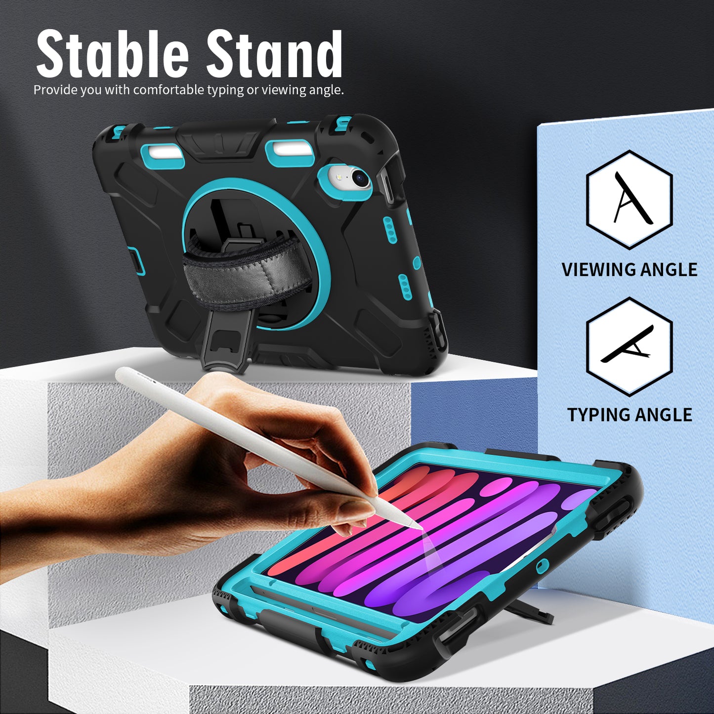 For iPad mini (2021) PC+Silicone Tablet Case Protective Kickstand Cover with Pen Slot / Shoulder Strap