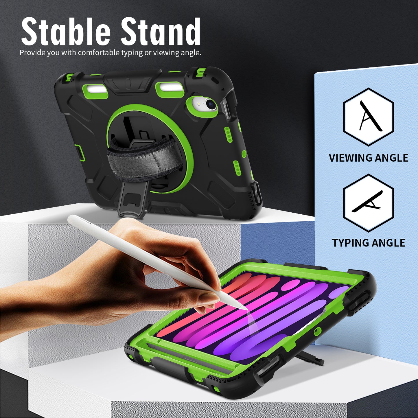 For iPad mini (2021) PC+Silicone Tablet Case Protective Kickstand Cover with Pen Slot / Shoulder Strap