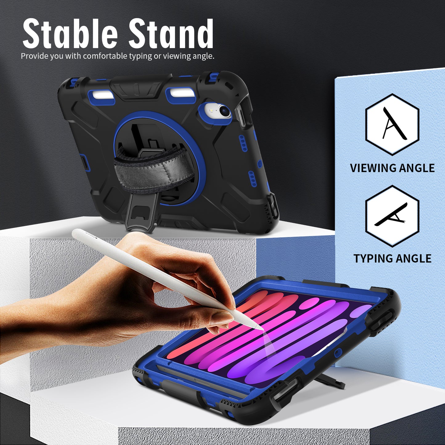 For iPad mini (2021) PC+Silicone Tablet Case Protective Kickstand Cover with Pen Slot / Shoulder Strap