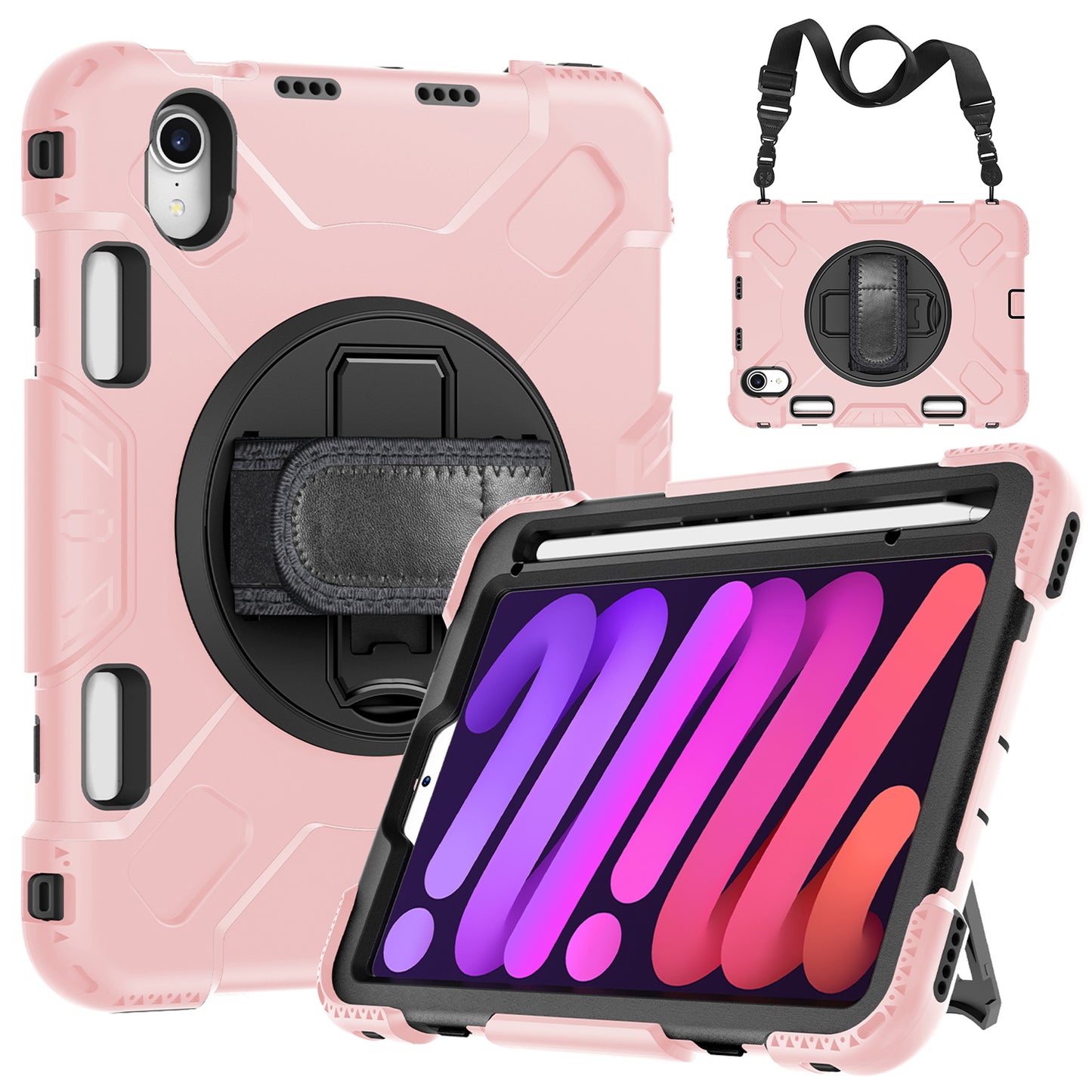 For iPad mini (2021) PC+Silicone Tablet Case Protective Kickstand Cover with Pen Slot / Shoulder Strap